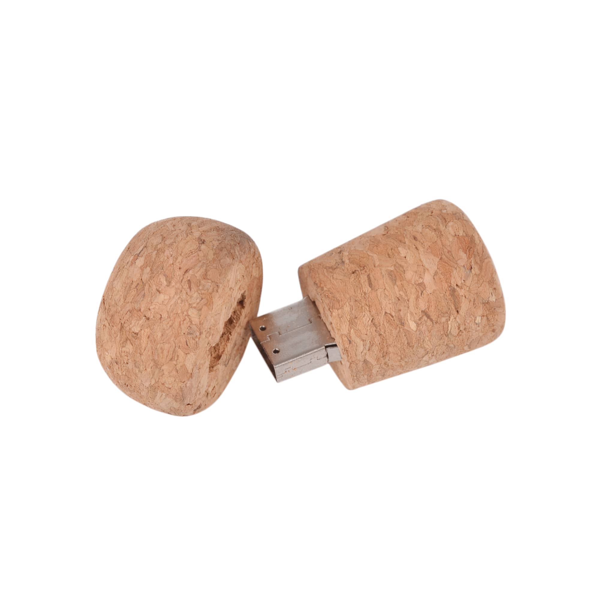 A cork-shaped flash drive with a metallic USB connector, featuring a natural cork colour and texture.