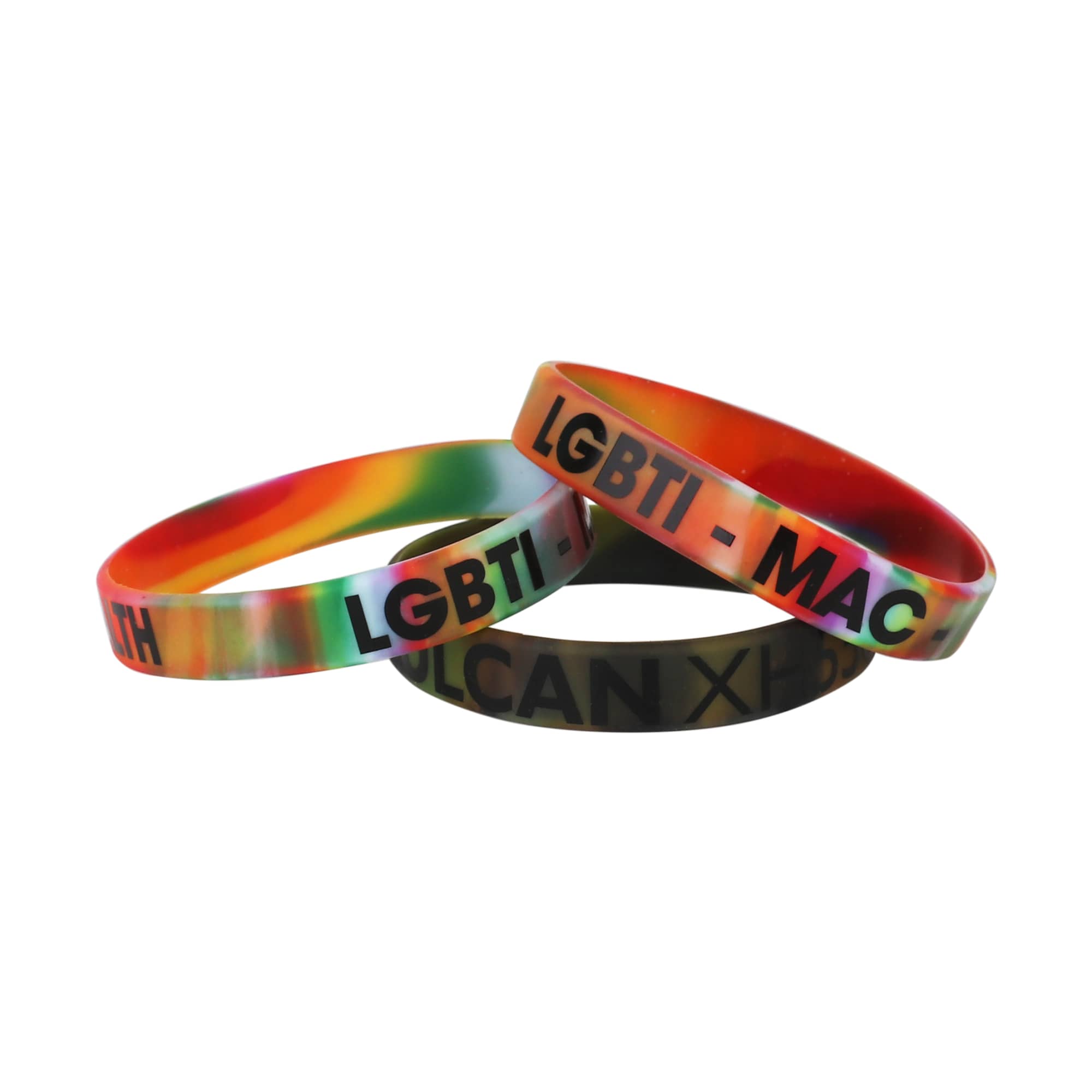 A set of three marble coloured silicone wristbands in rainbow hues, featuring text and a logo on each band.