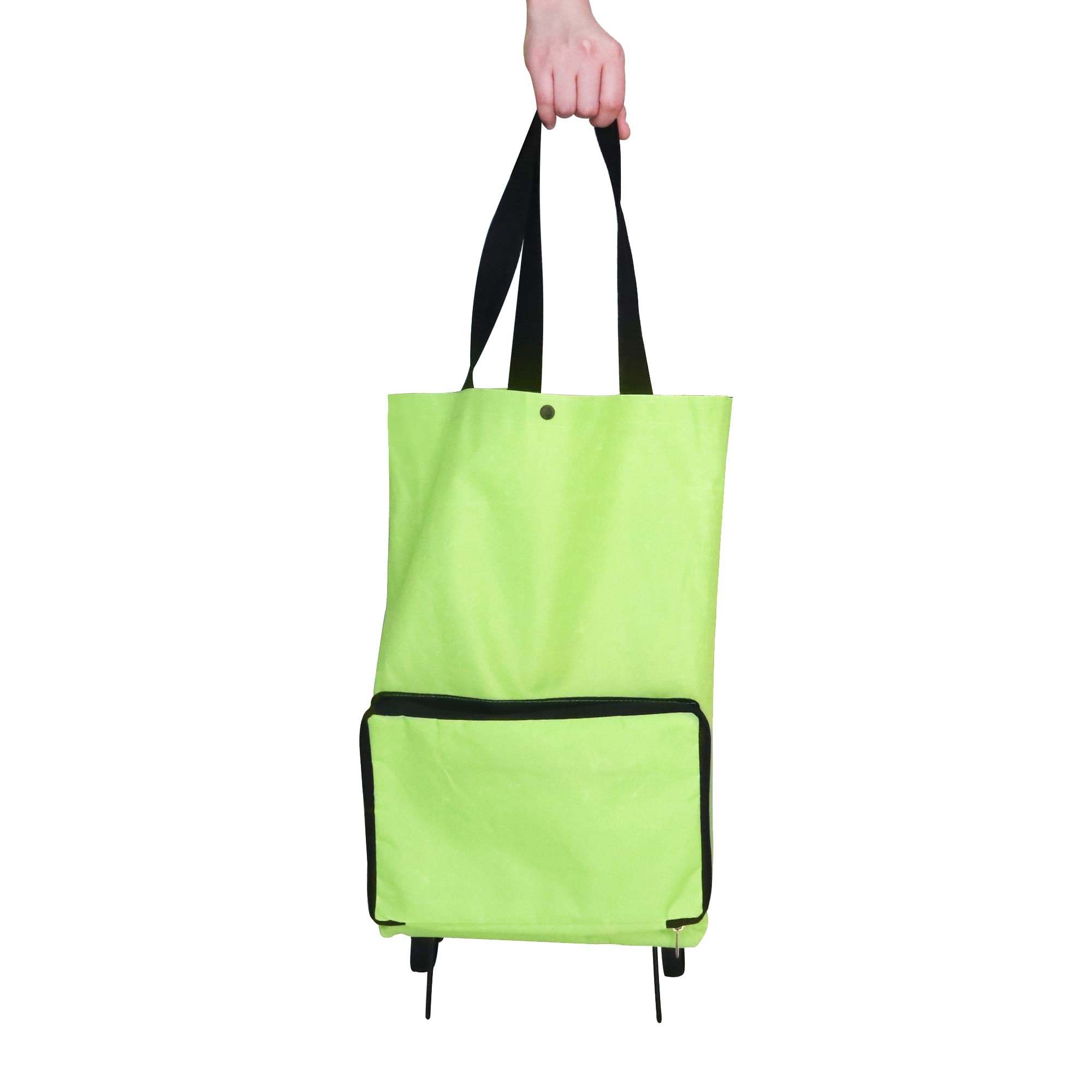 A bright green collapsible shopping trolley bag with a black zippered pocket at the front and black straps.