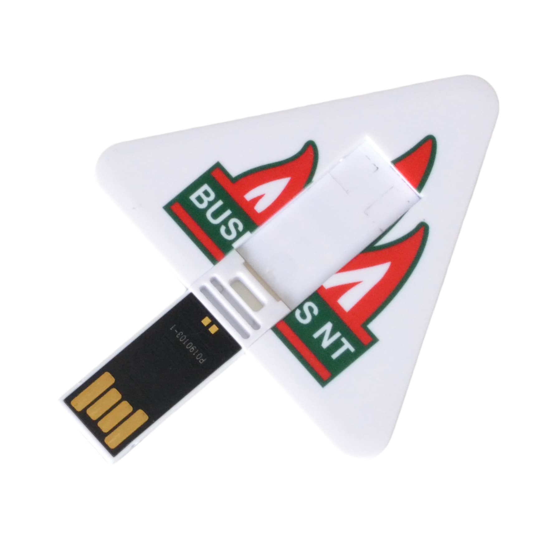 A triangular white flash drive with a black connector and a logo on the surface.