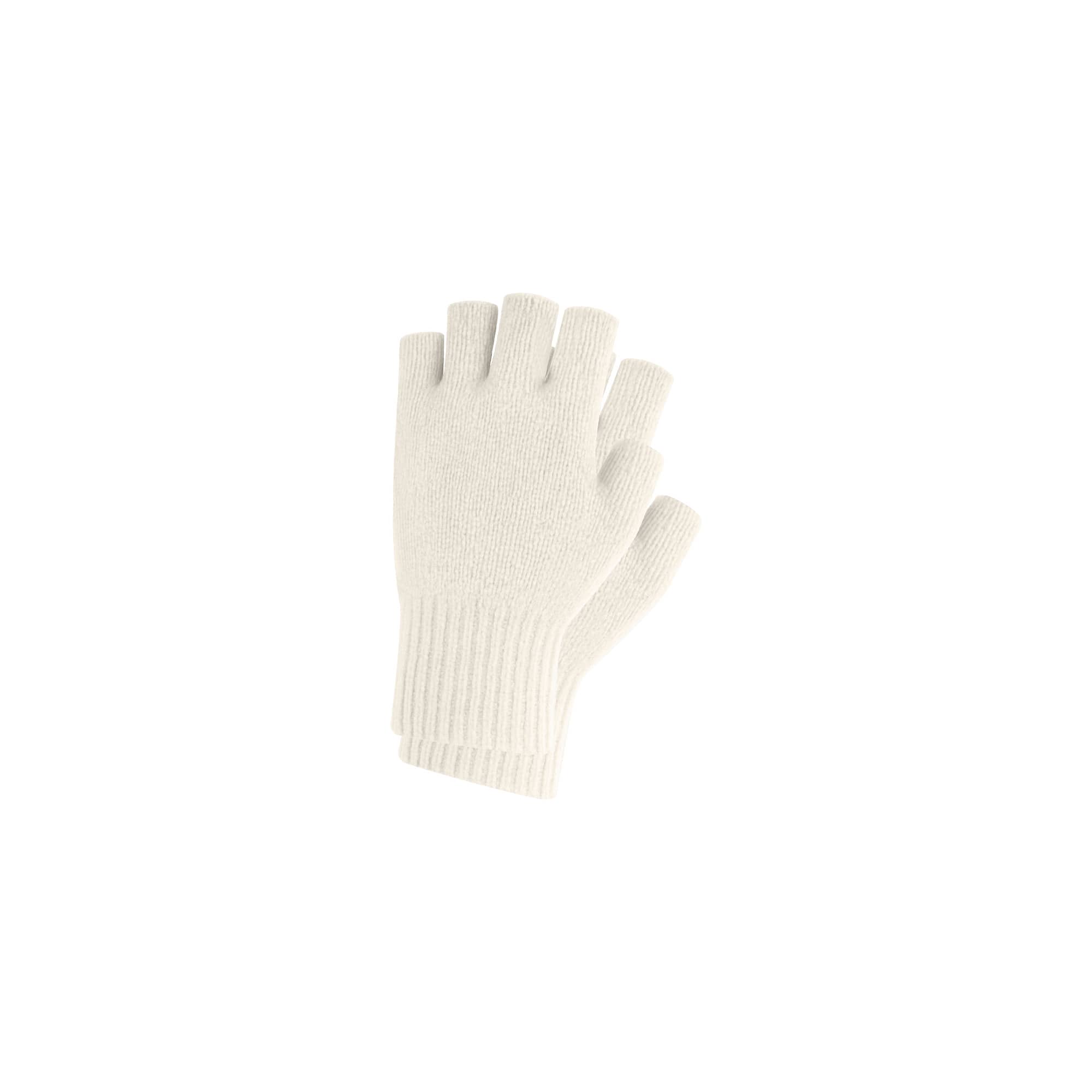 A pair of plain knitted fingerless gloves in white, featuring a ribbed cuff and a woven label.