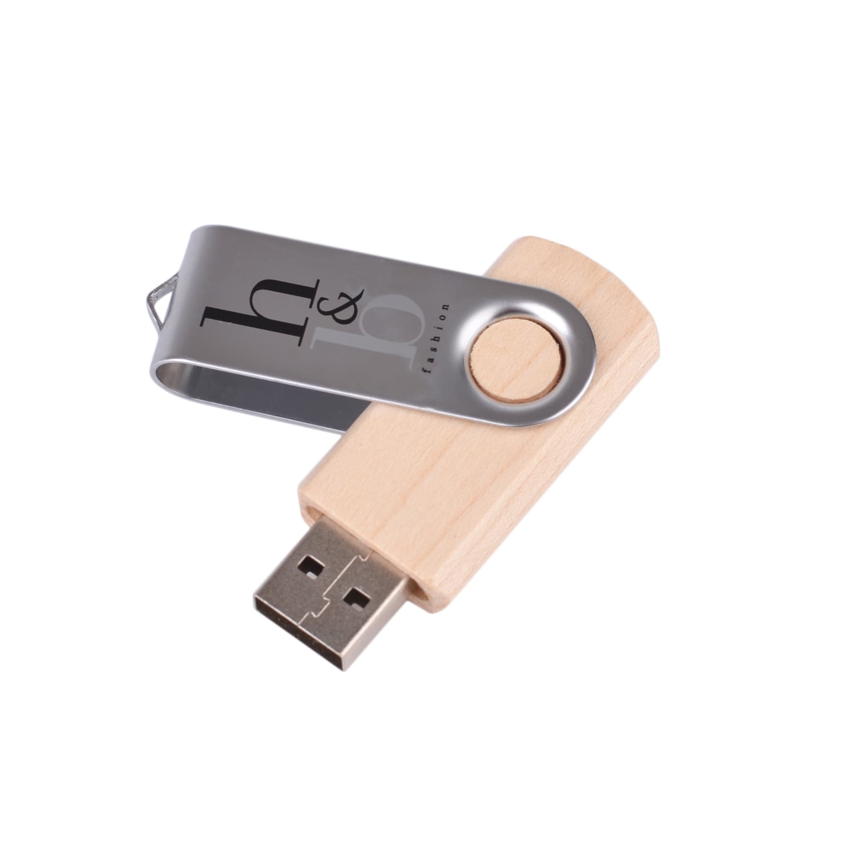 A metal swivel wooden flash drive featuring a silver and natural wood design with a logo.