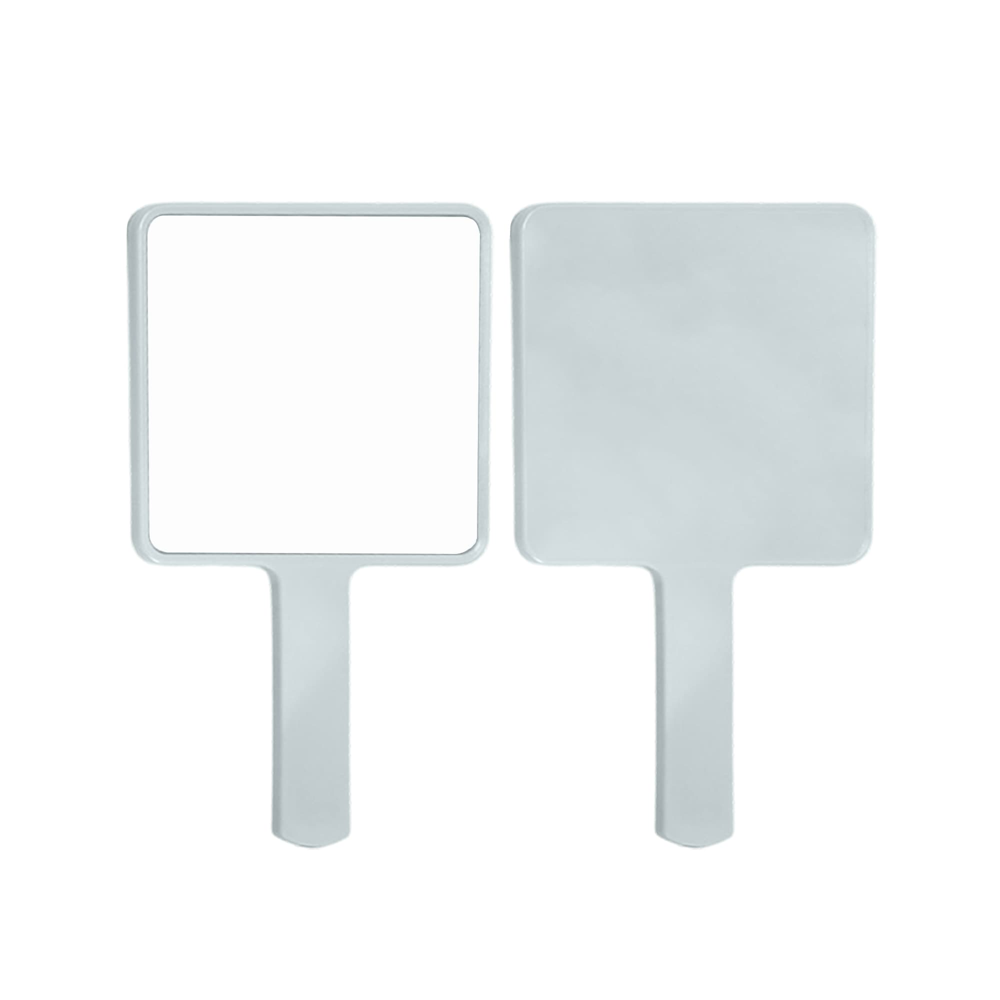 A handheld square mirror with a white frame and handle, featuring two reflective surfaces.