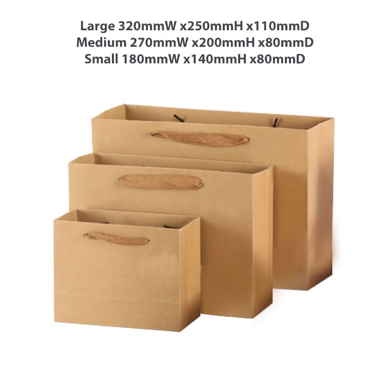 A small brown crosswise paper bag with a rope handle, dimensions 180 x 140 x 80mm. It has a logo printed on it.