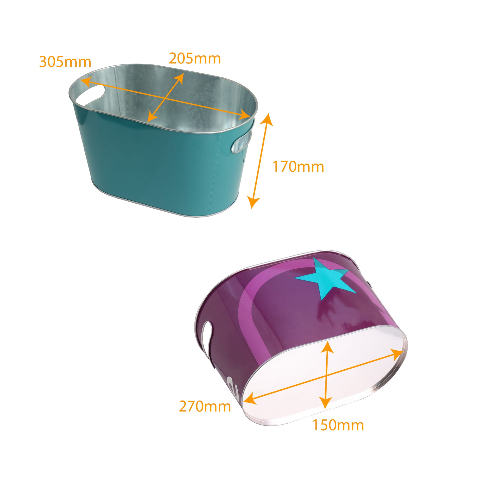 An oval ice bucket in teal and purple with a star design, featuring metal handles and measurements indicated.