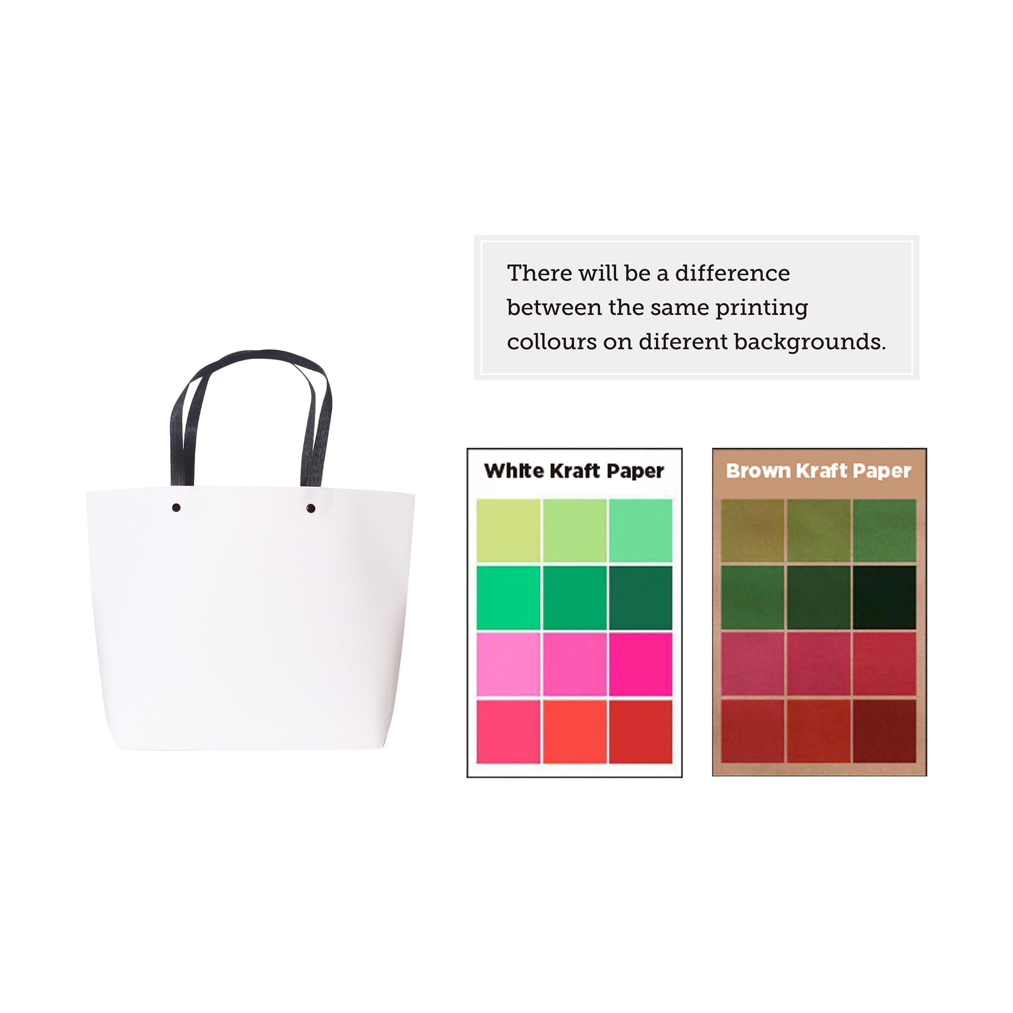 A small white boutique paper bag with black handles, displayed alongside colour swatches for printing options.