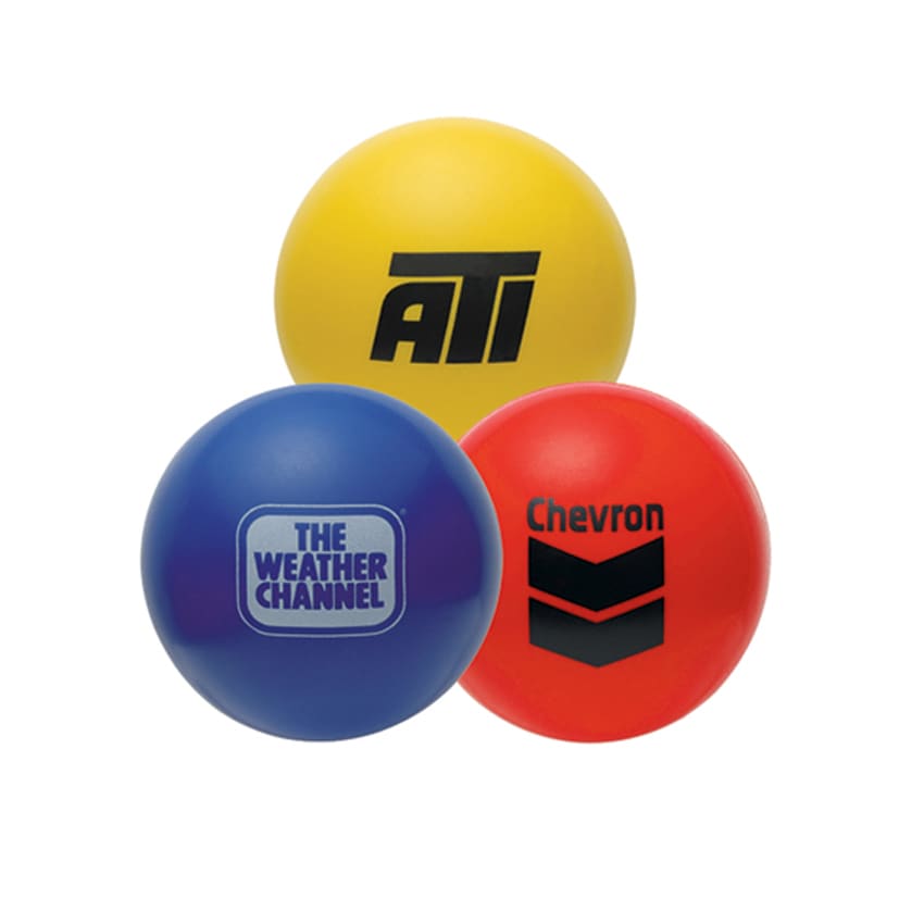 Three stress balls in yellow, red, and blue, featuring various logos on their surfaces.