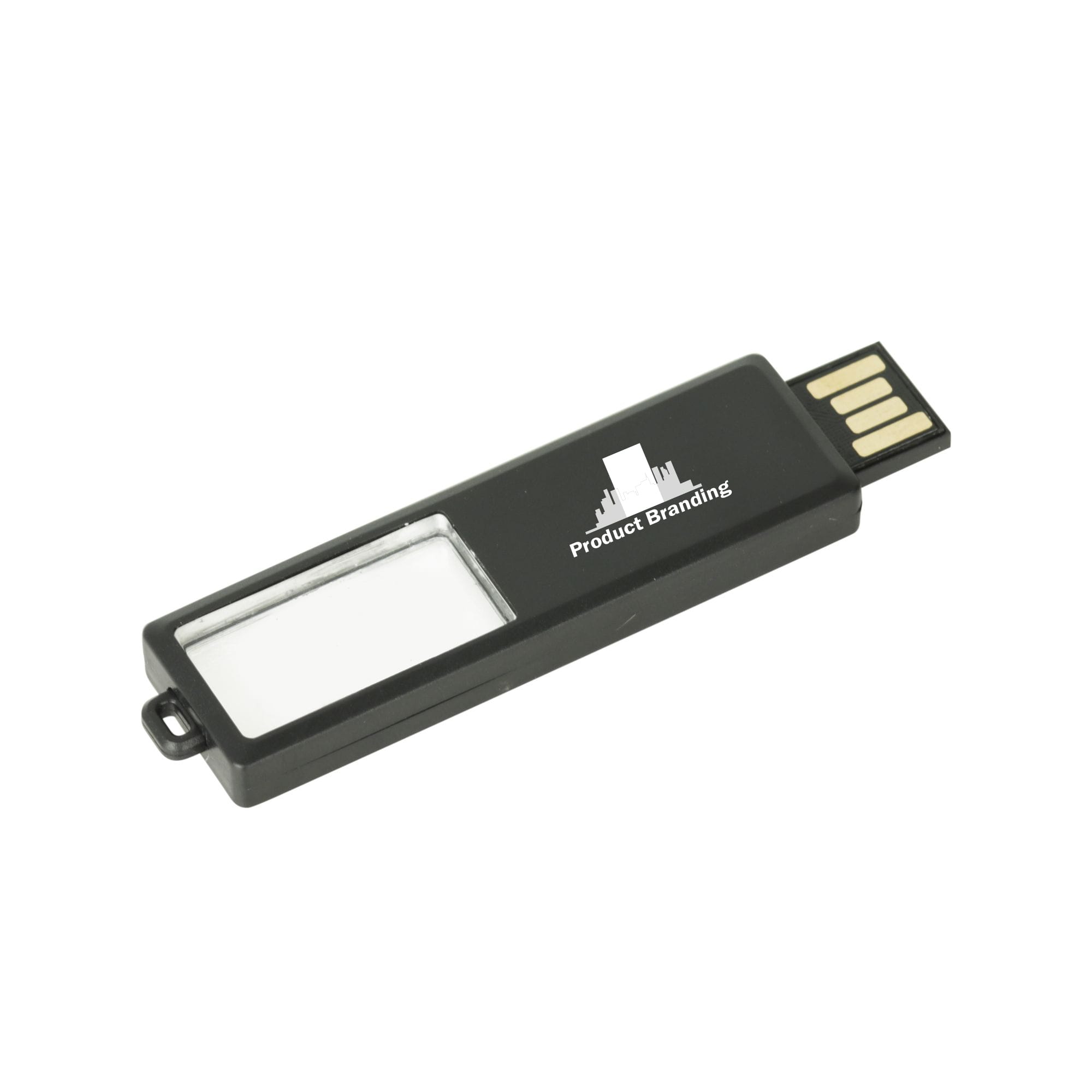 A black sliding acrylic flash drive with a transparent section and a branding logo on the side.