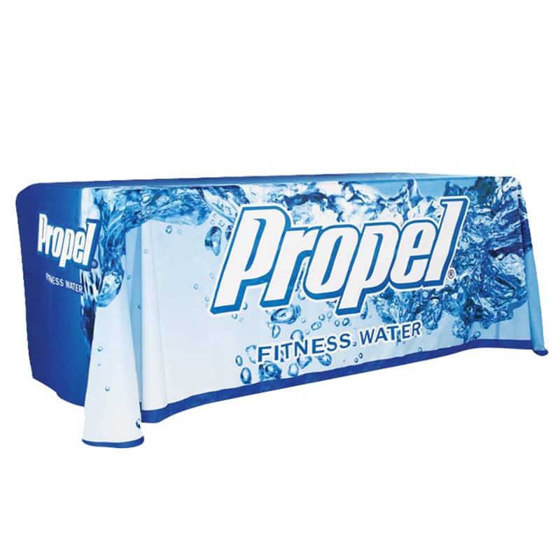 A 4ft tablecloth in blue, featuring a water splash design and a logo.