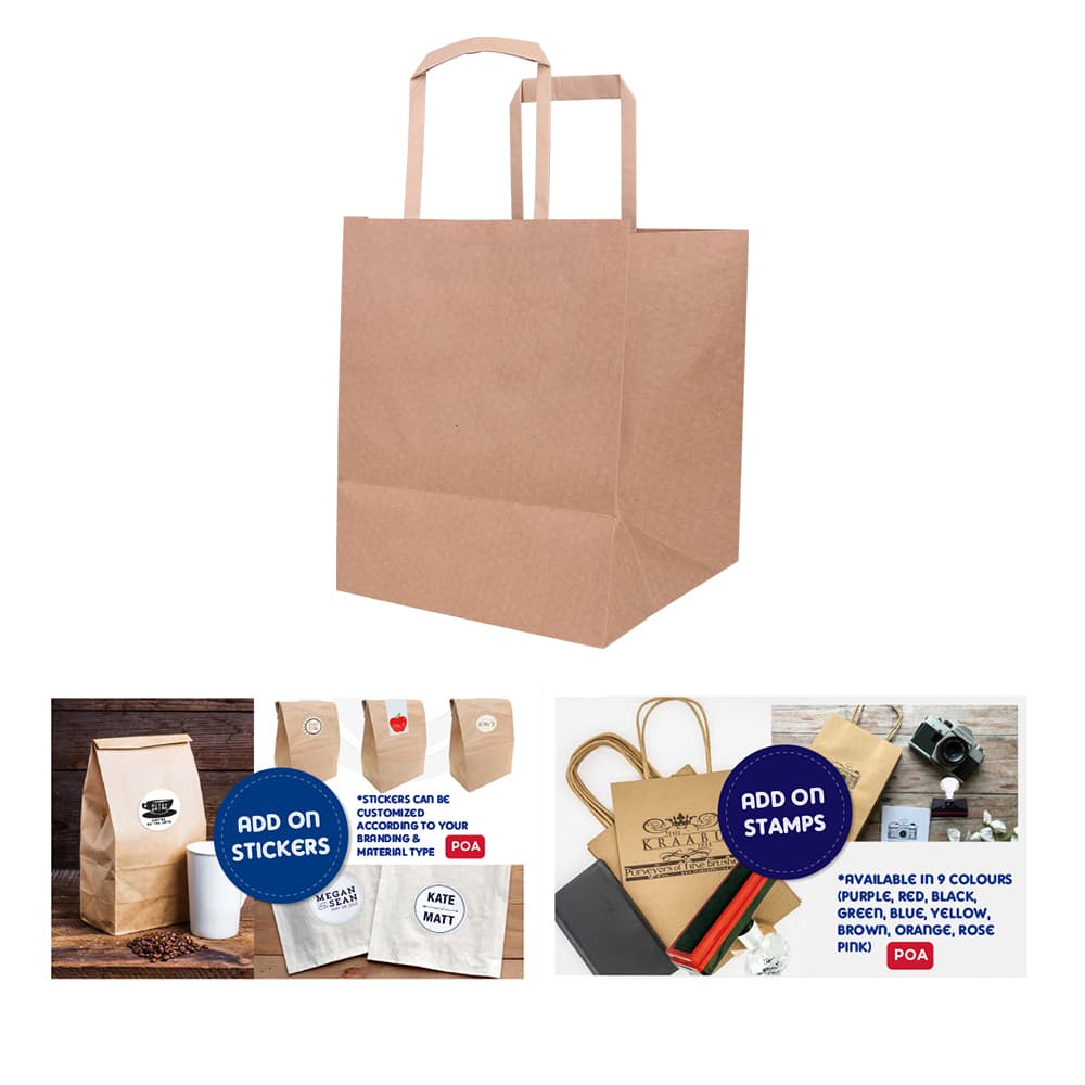 A flat handle kraft paper bag in brown with two sturdy handles and a square base, featuring a logo.