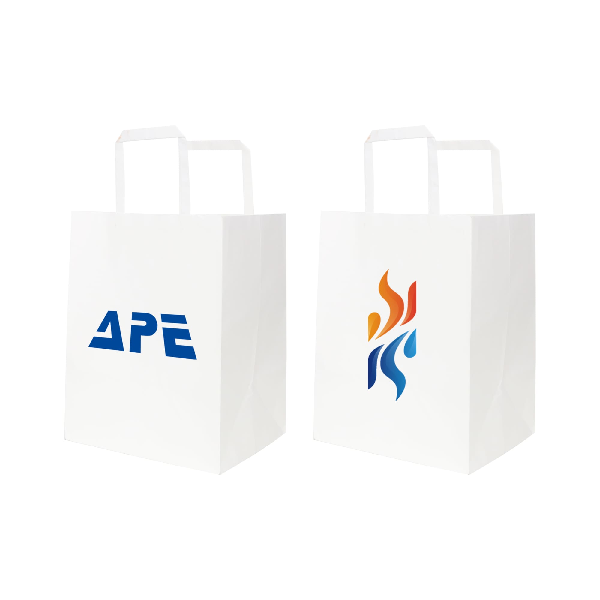 A flat handle kraft paper bag in white featuring a logo on one side and an abstract design on the other.