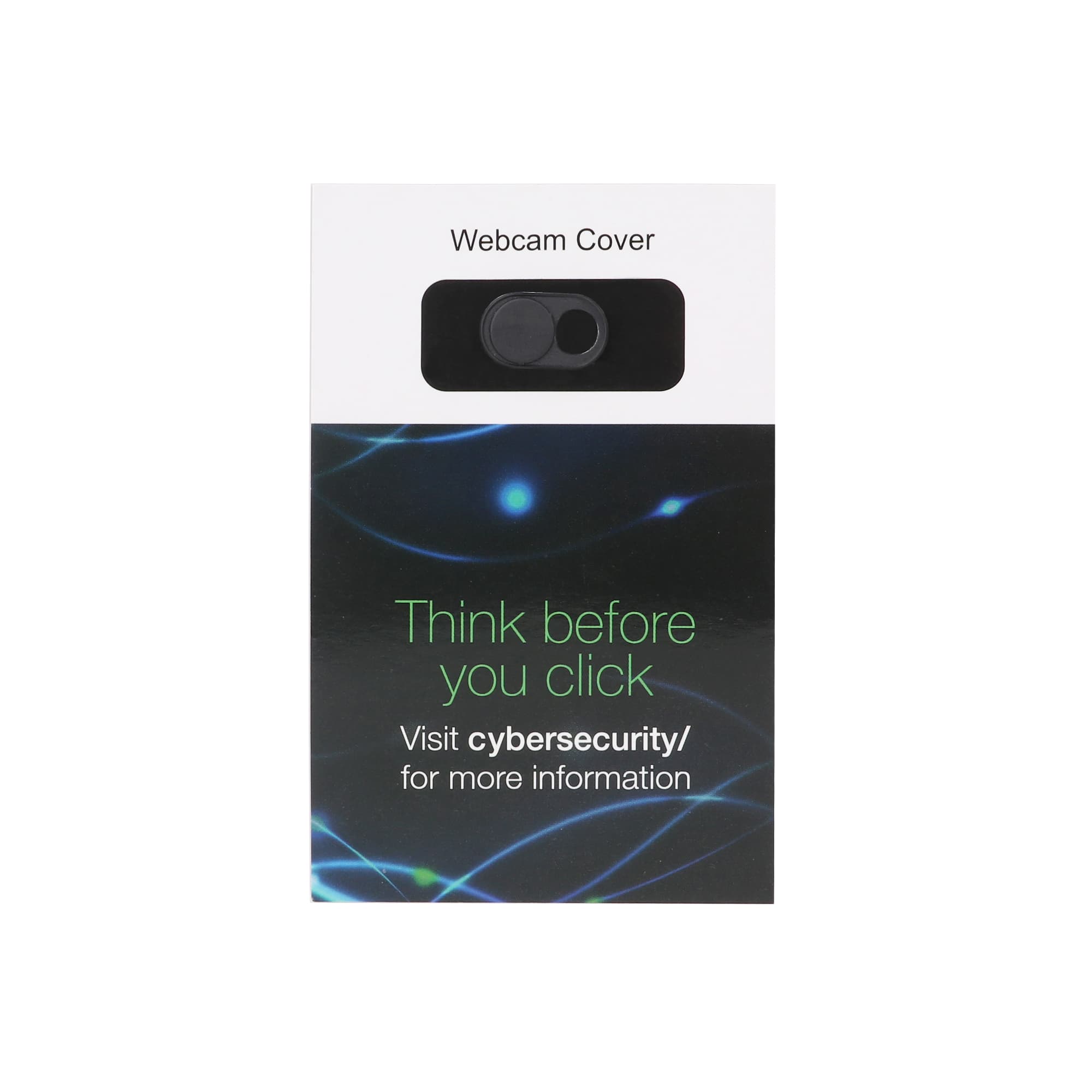 A webcam cover in black, packaged with a design featuring blue and green abstract lines and a logo.