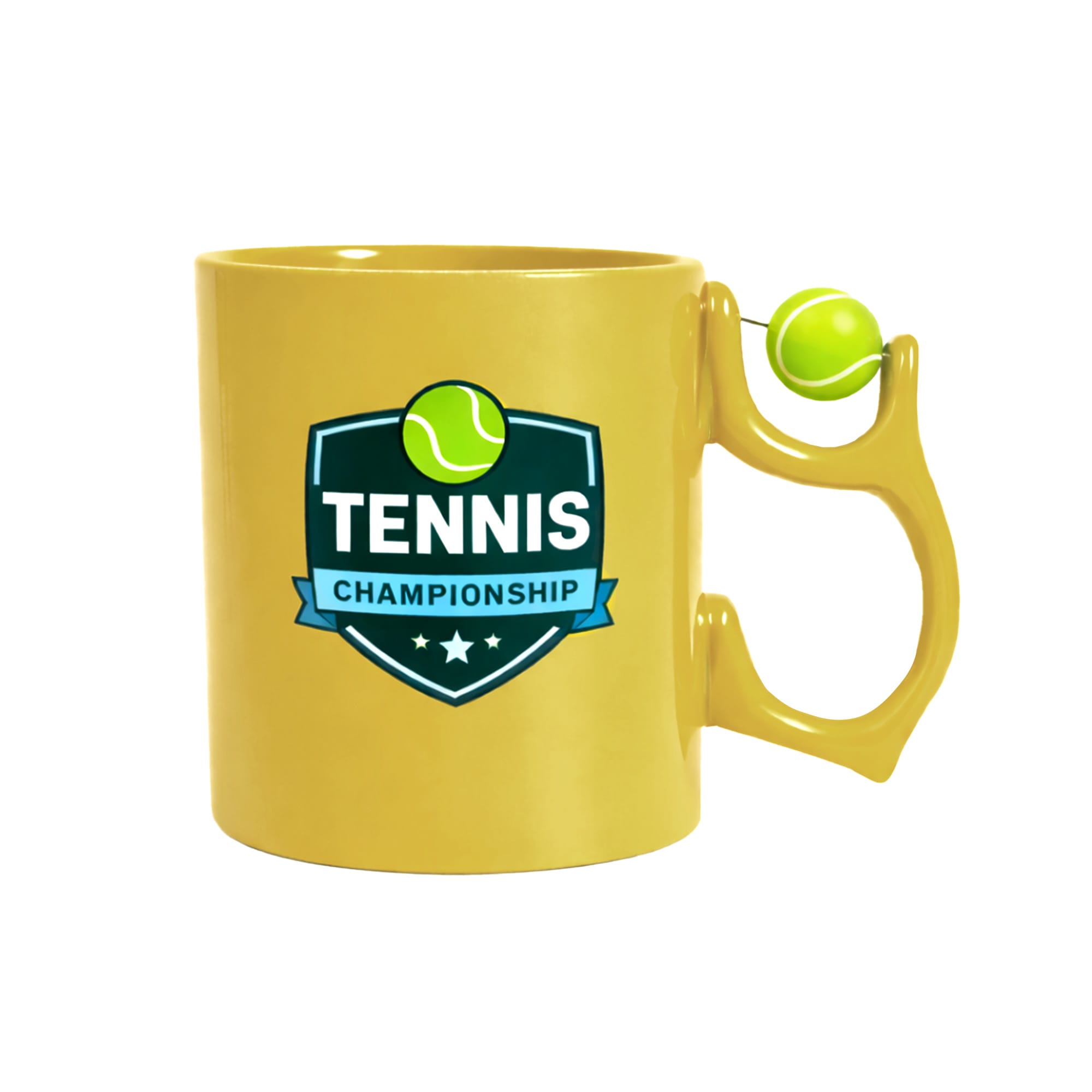 A yellow ceramic mug featuring a tennis-themed design and a custom spinner toy on the handle. It has a logo.