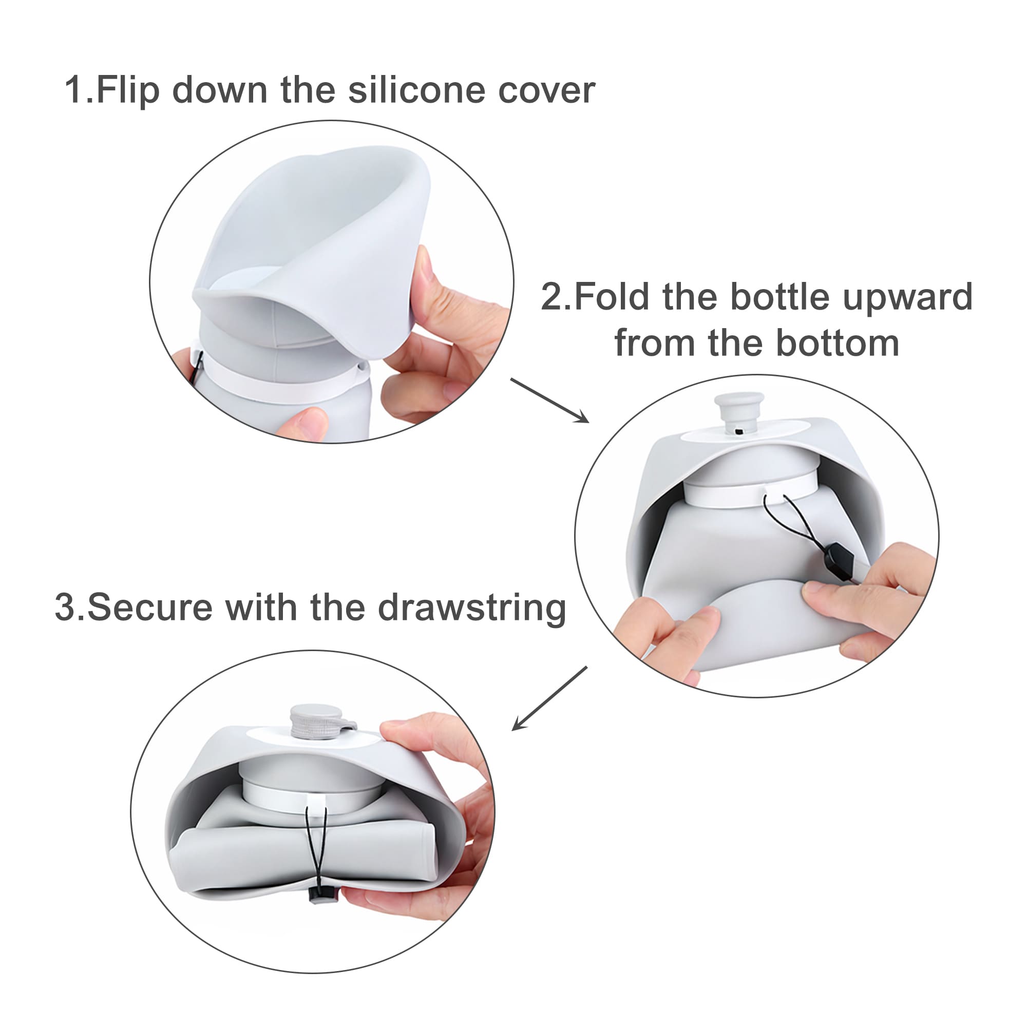 A drink bottle with a silicone cover, featuring a collapsible design and drawstring, in grey and white.