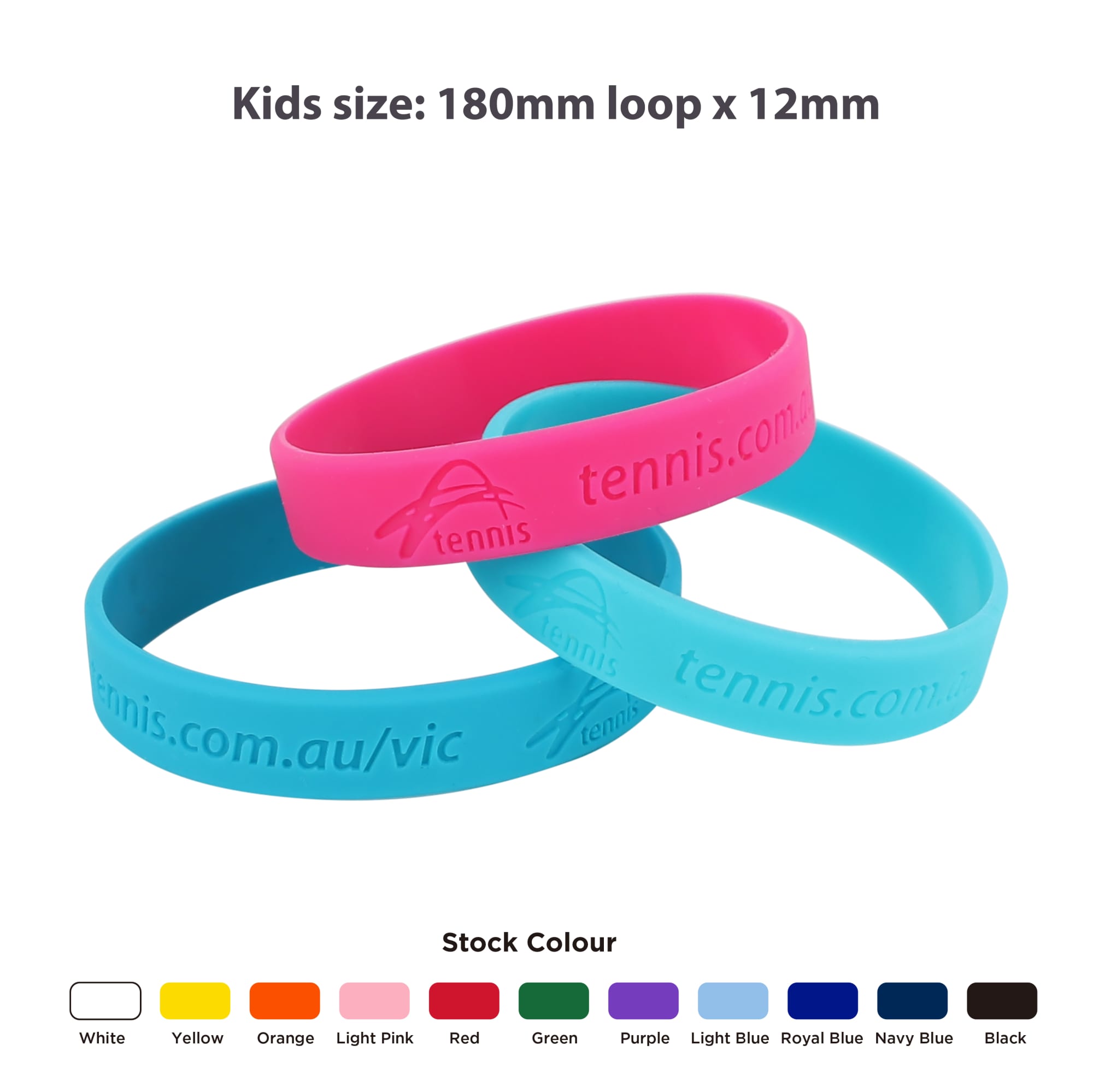 Three debossed silicone wristbands in pink, blue, and a third unidentified colour, featuring a logo and website.