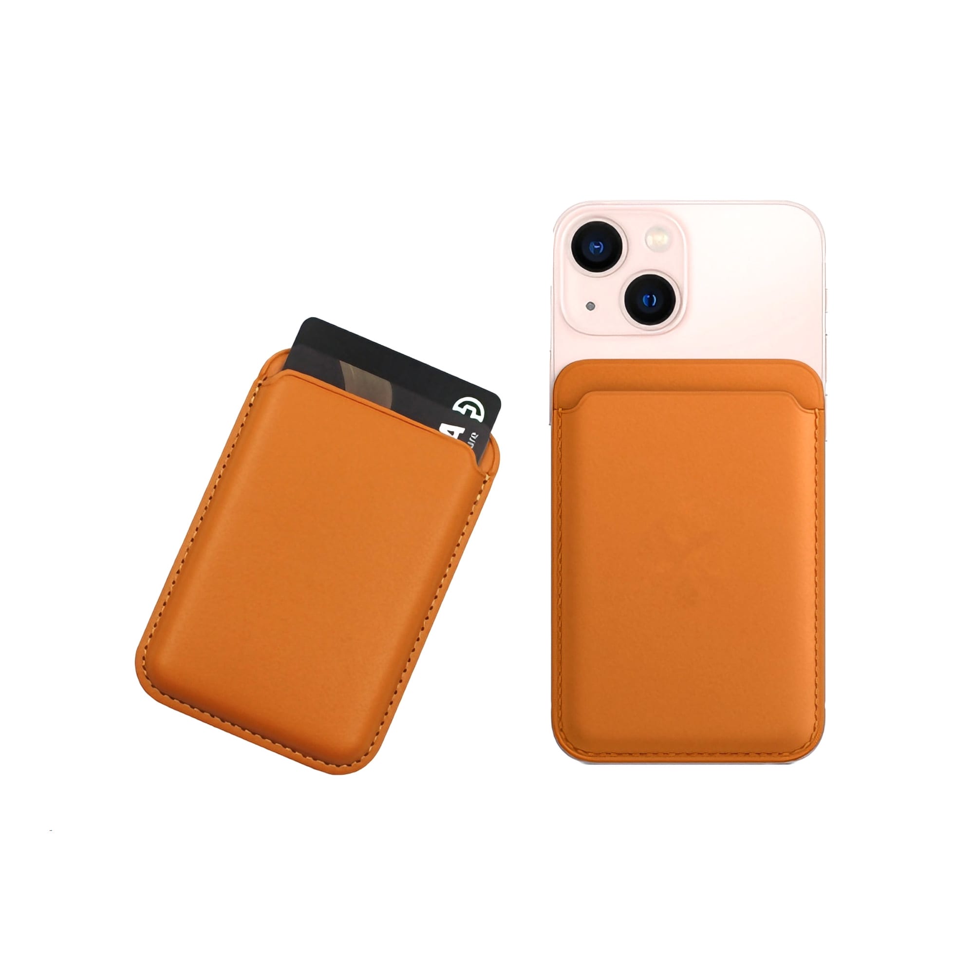 A PU magnetic phone card holder in a tan colour with a credit card inserted, attached to a smartphone.