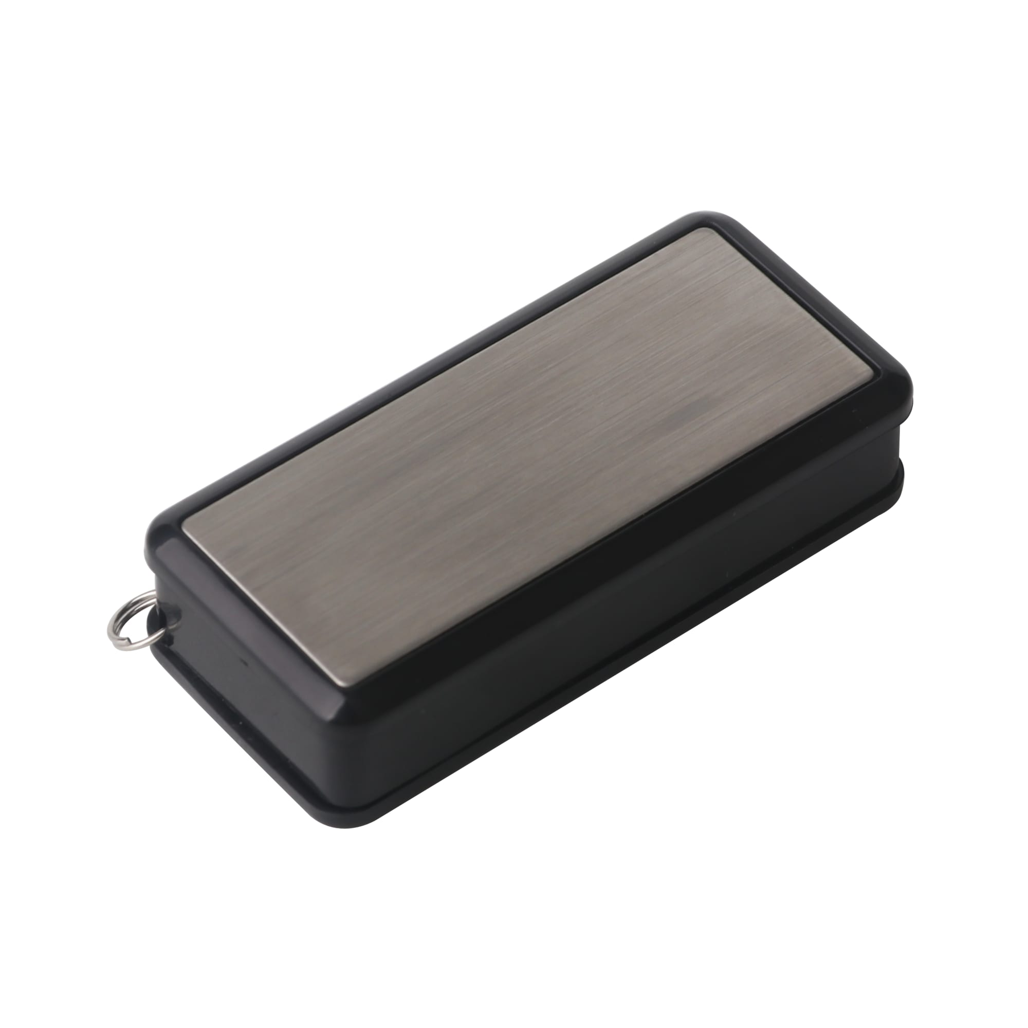 A 360-degree rotating flash drive in a sleek black and silver design with a metallic finish and a keyring loop.