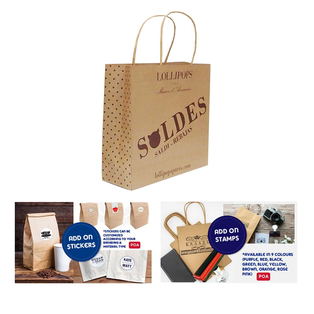 A kraft paper bag with twisted handles, featuring a logo and a light brown colour, showcasing various design options below.