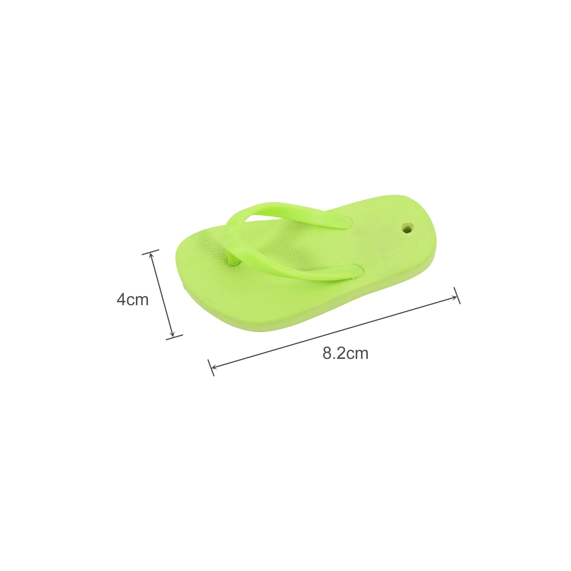 A bright green thong-shaped clog shoe charm, measuring 8.2 cm by 4 cm, with a hole for attachment.