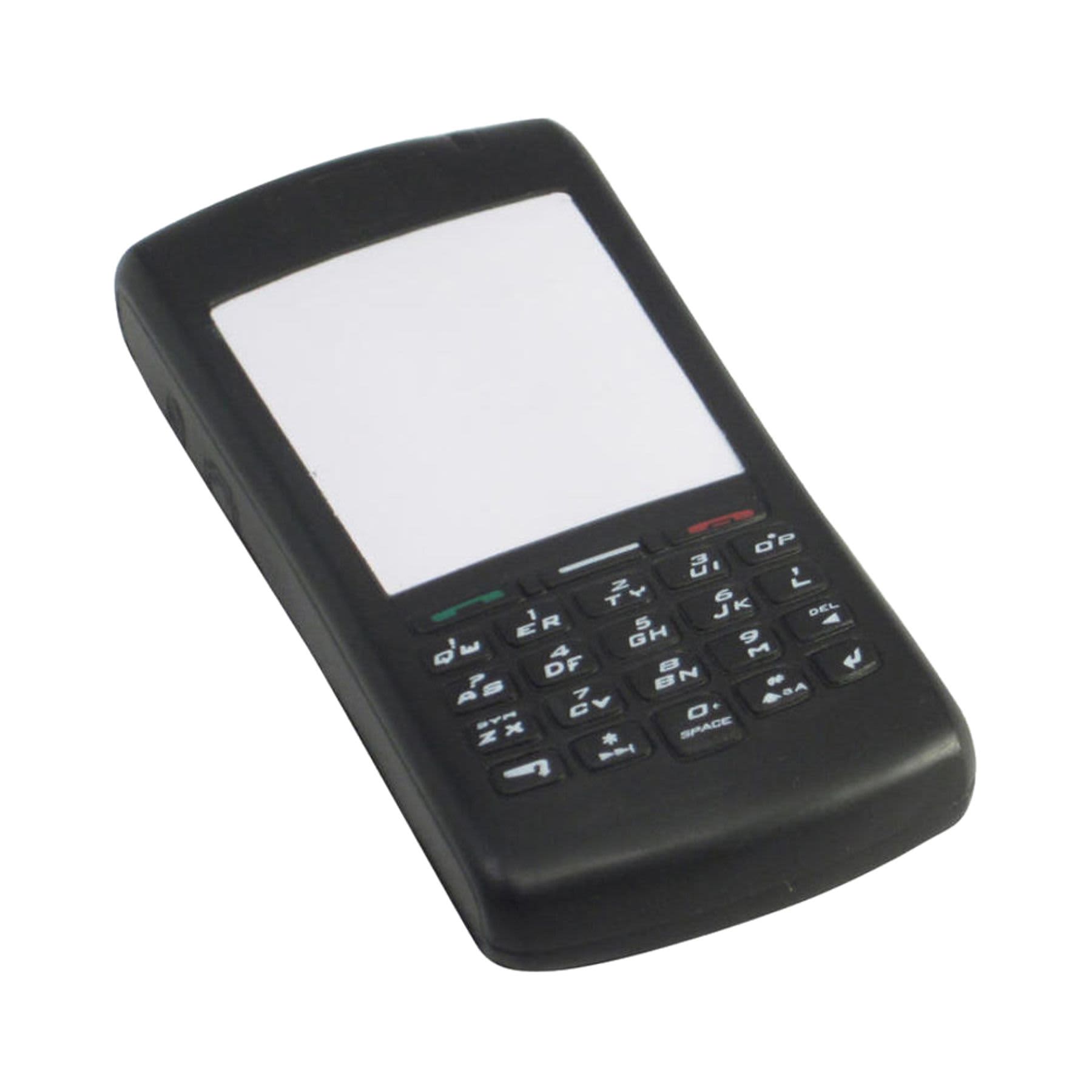 A black mobile phone-shaped stress reliever with a blank screen and buttons. It also features a logo.