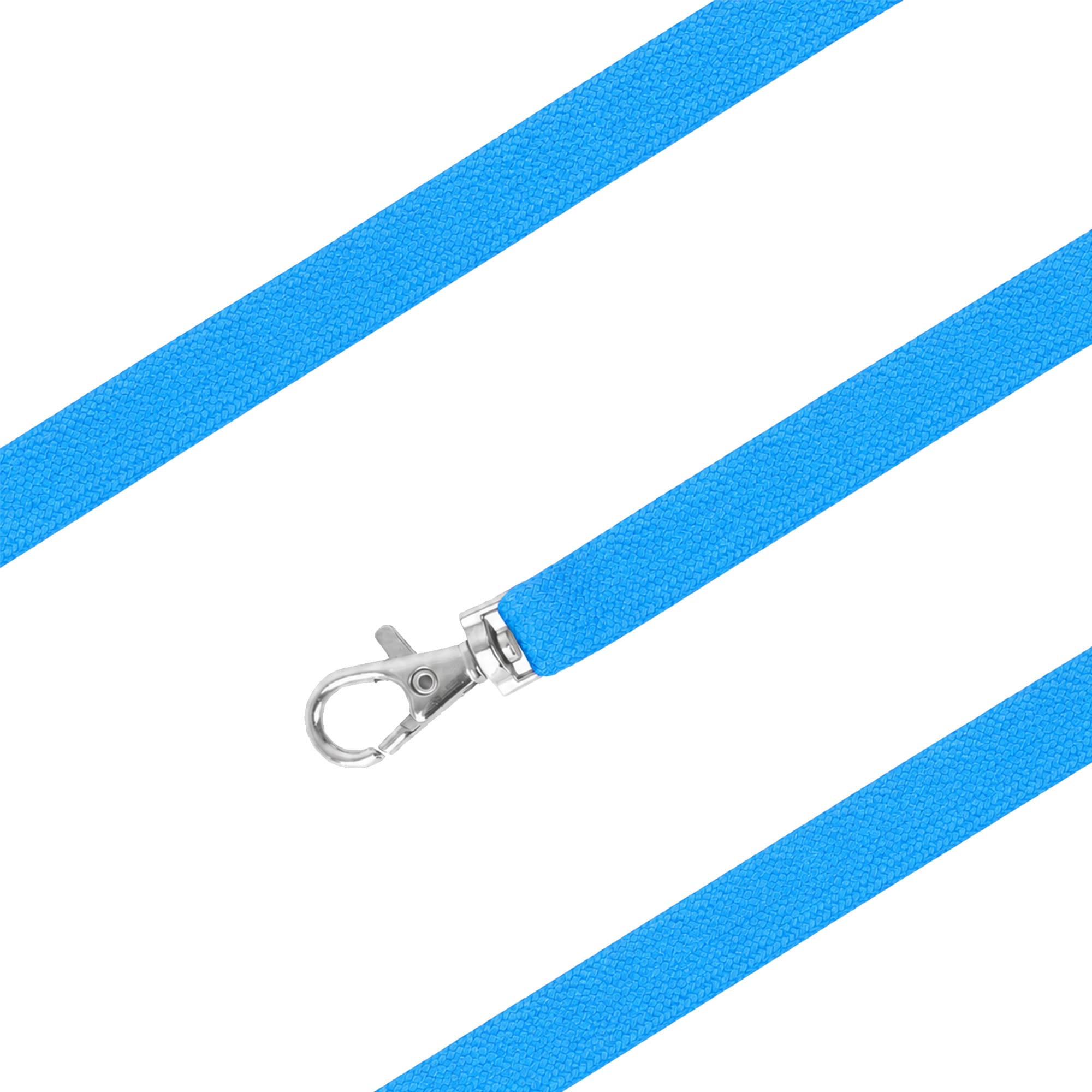 A blue bootlace lanyard with a silver clip, suitable for holding ID cards or keys.