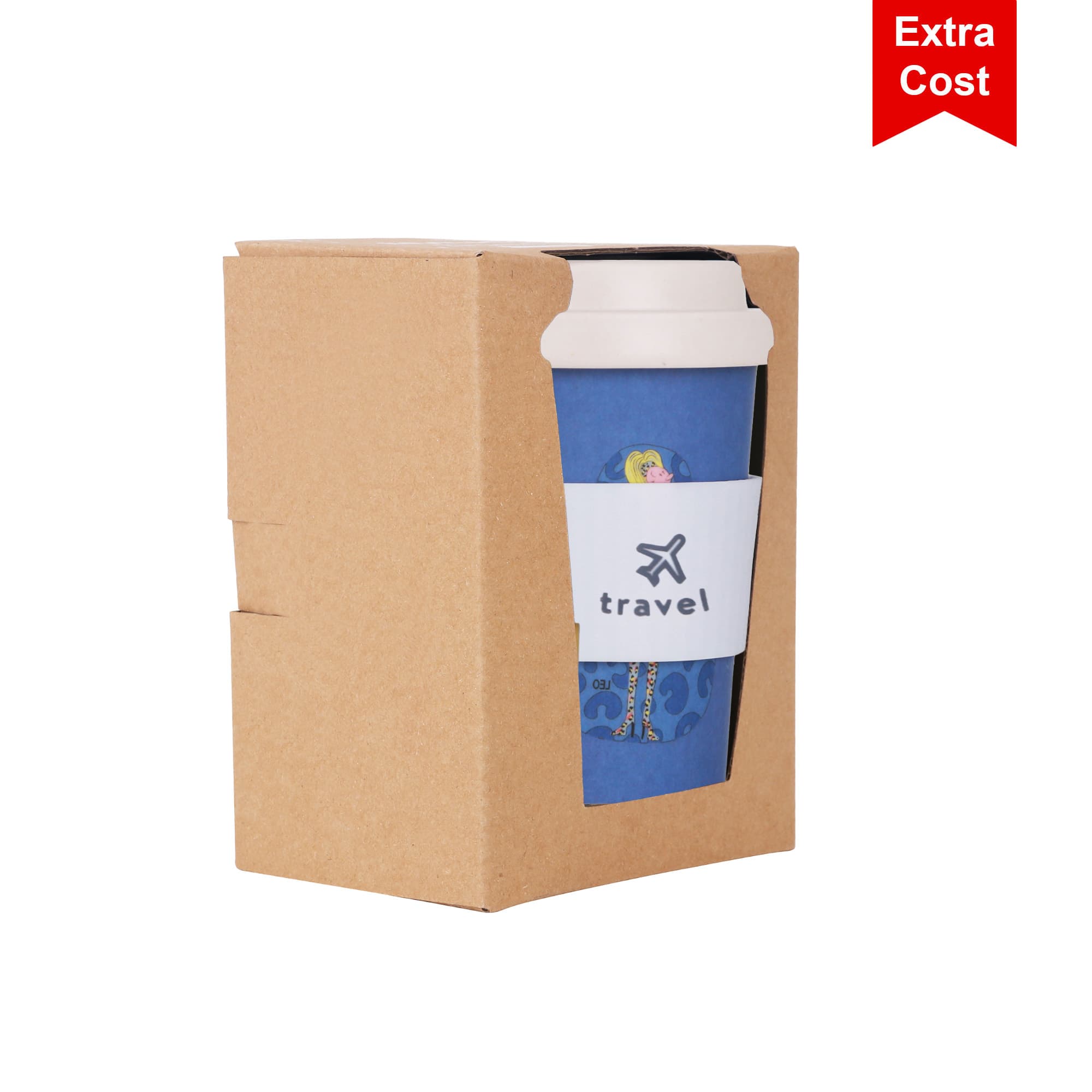 A reusable 350ml bamboo coffee cup in blue, featuring a screw lid and packaging, with a logo.