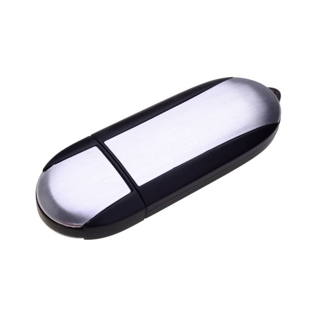 A sleek black and silver Galaxy Flash Drive, featuring a smooth metallic finish and an oval shape.