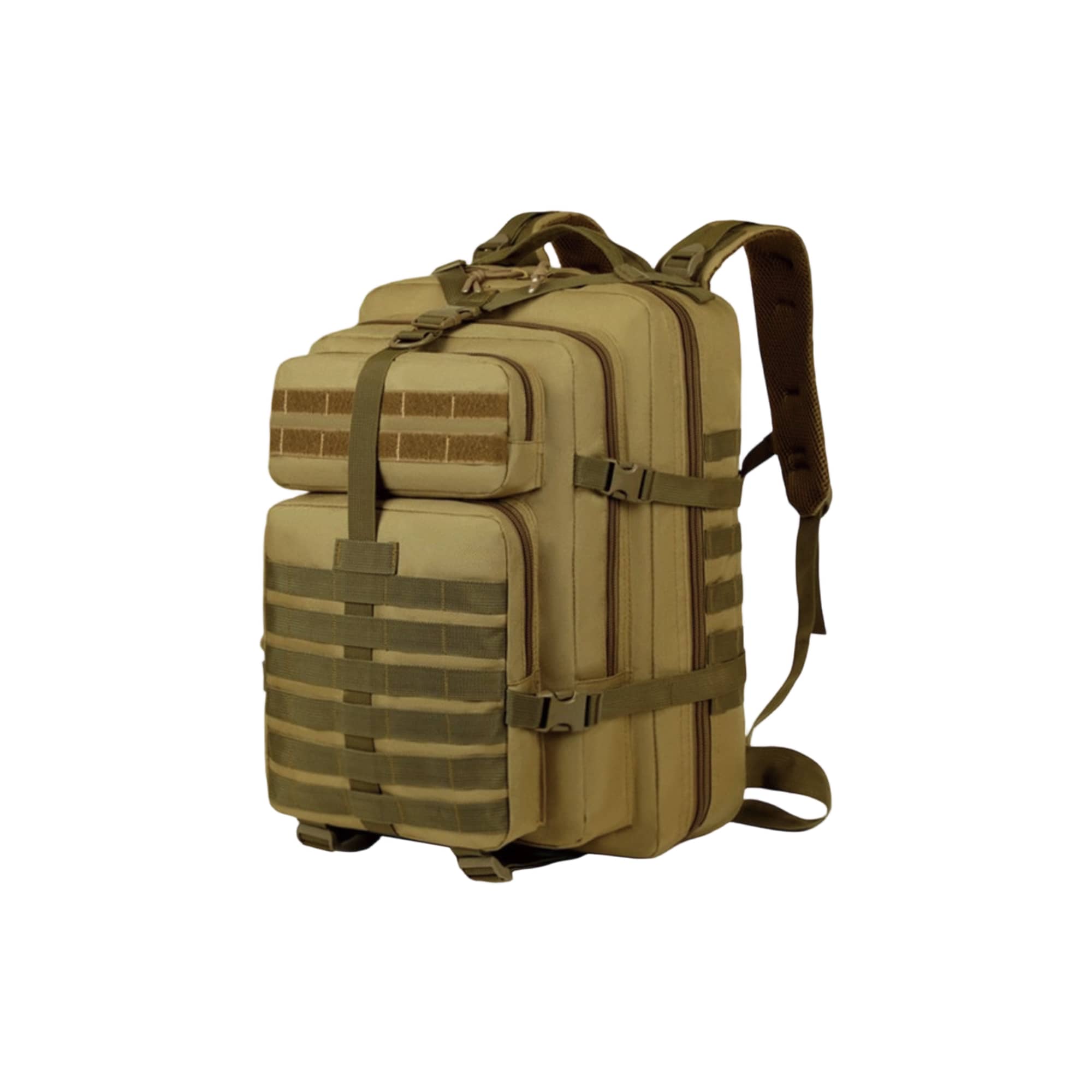 A tan tactical backpack featuring multiple compartments, adjustable straps, and a branding logo.