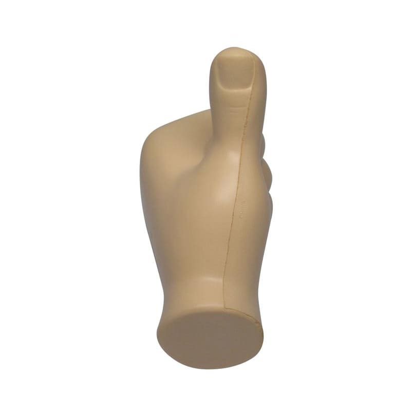 A beige fist-shaped stress reliever with a thumbs-up gesture, featuring a smooth surface and a rounded base.