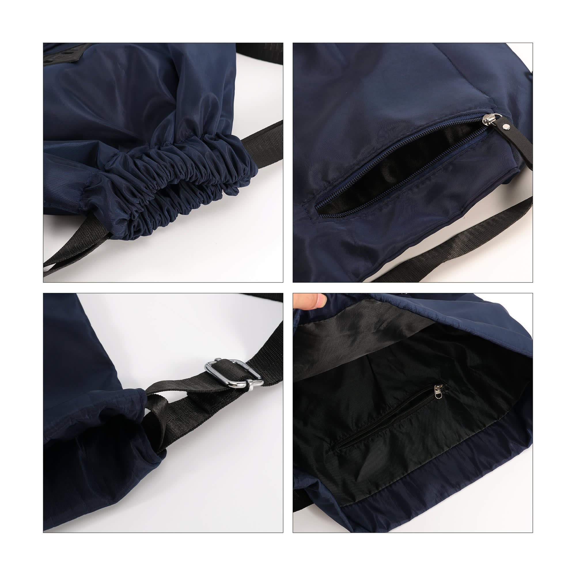 A lightweight navy drawstring backpack featuring adjustable straps and a zippered pocket. Includes a logo.