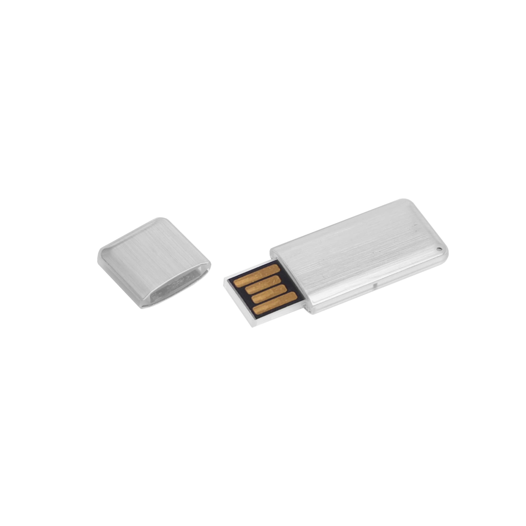 A silver flash drive with a removable cover, featuring a clean and sleek metallic design.