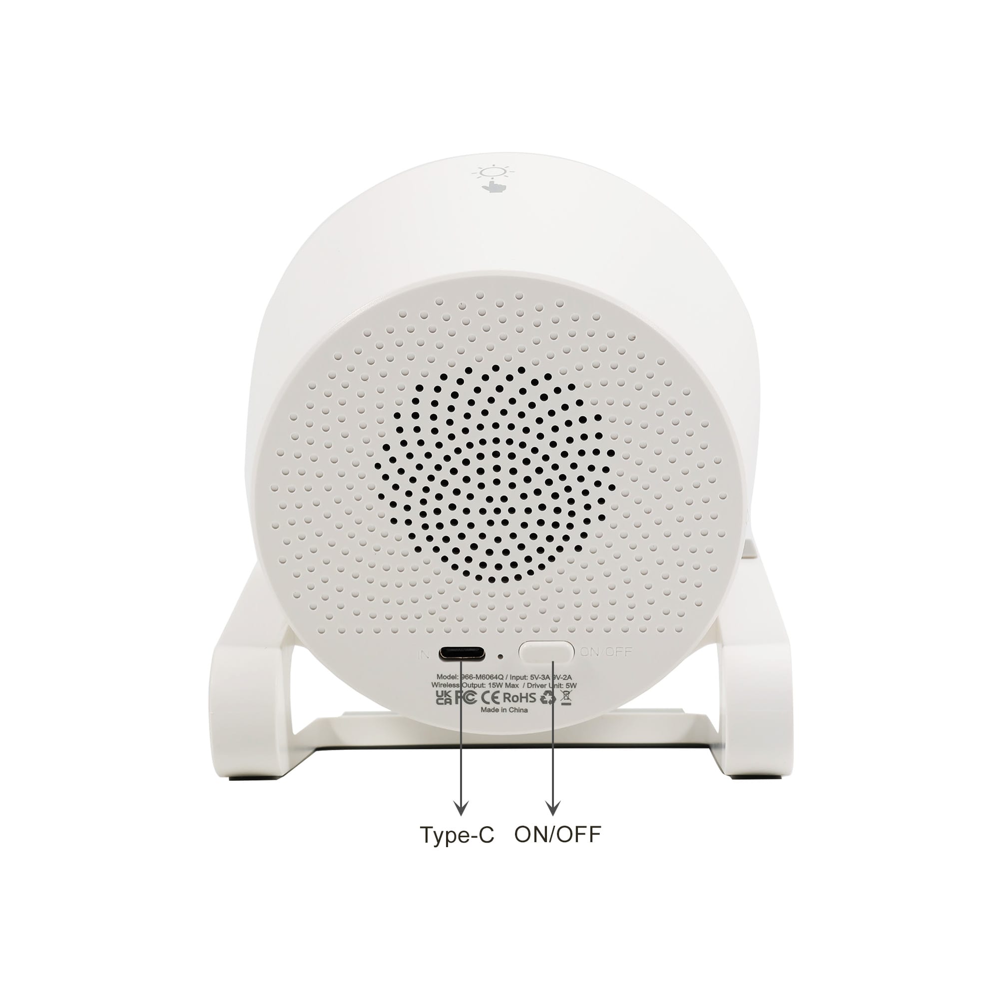 A white night light speaker featuring a perforated design and a base. Includes a Type-C port and an ON/OFF switch.
