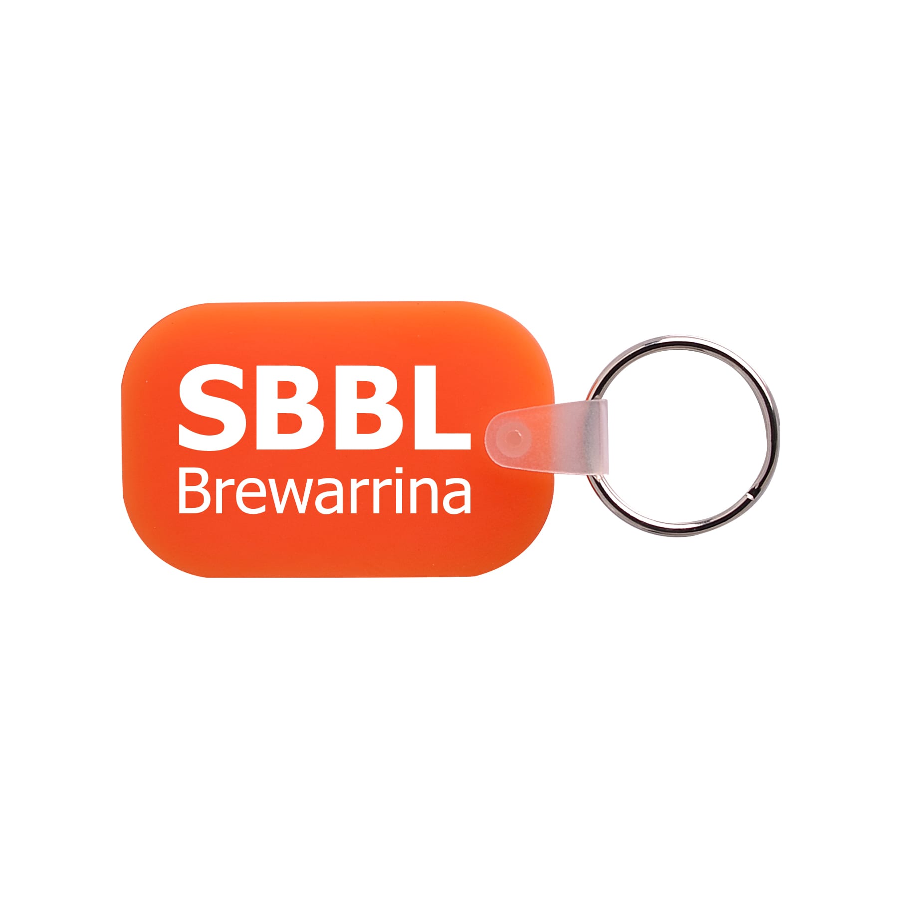 An orange oblong keyring featuring a circular silver keychain attachment and a logo.