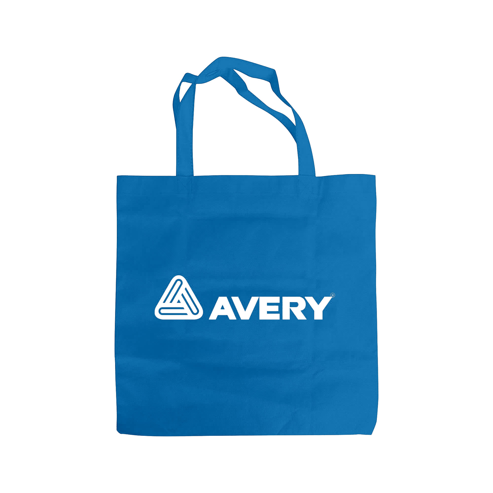 A royal blue non-woven foldable bag with two handles and a logo on the front.