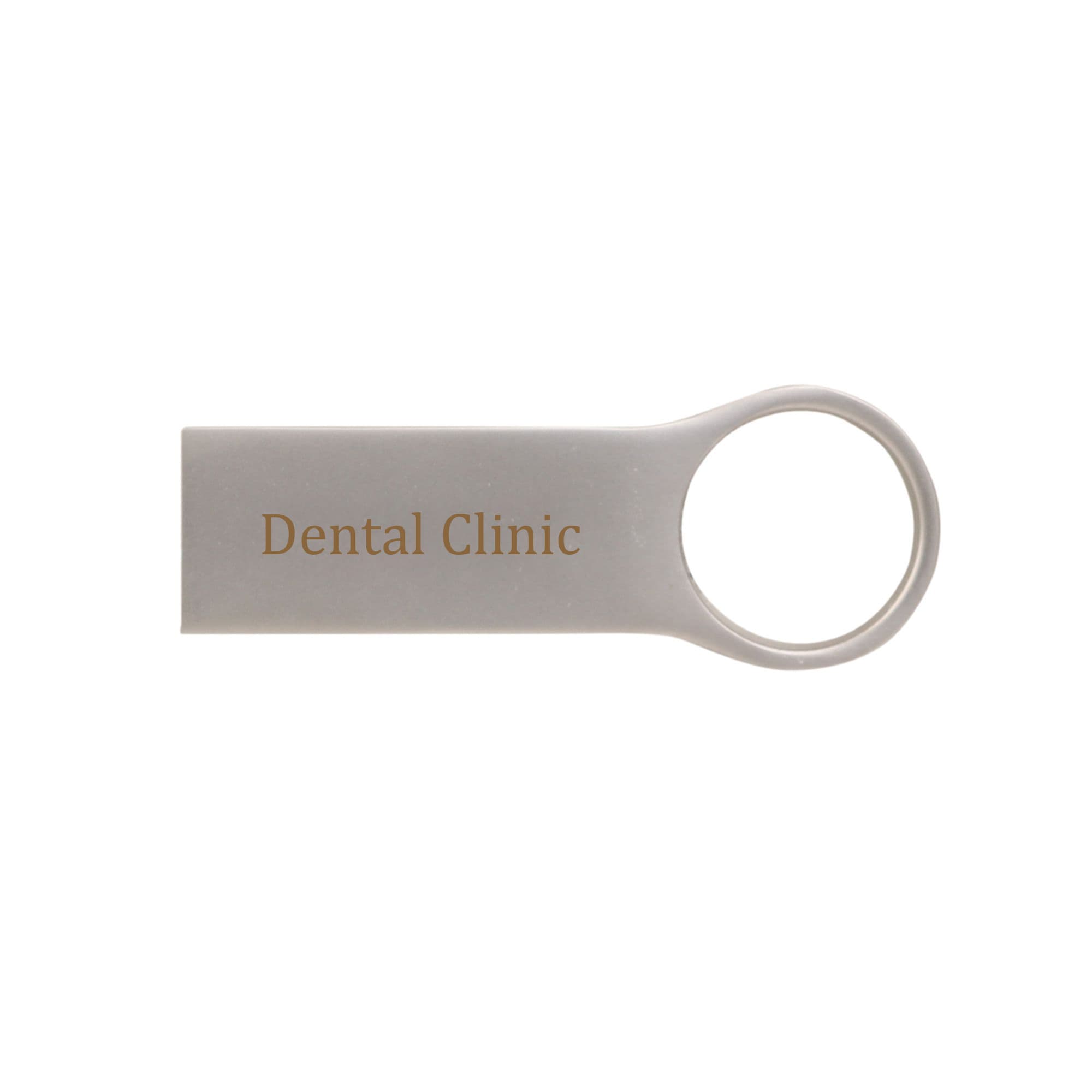 A grey Twister Go USB flash drive with a circular attachment, featuring "Dental Clinic" text.