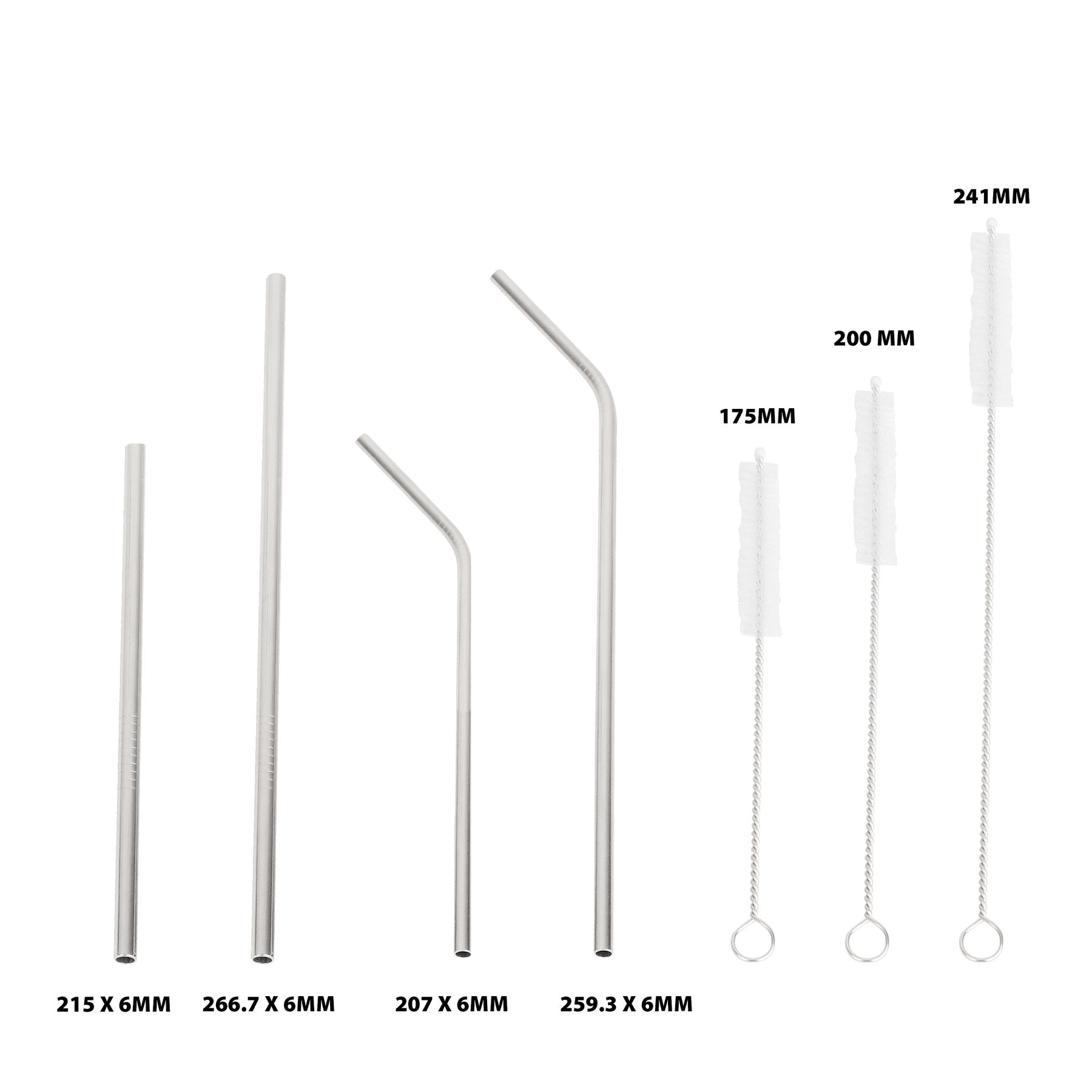 A set of stainless steel drinking straws in various lengths, accompanied by cleaning brushes, all featuring a metallic finish.