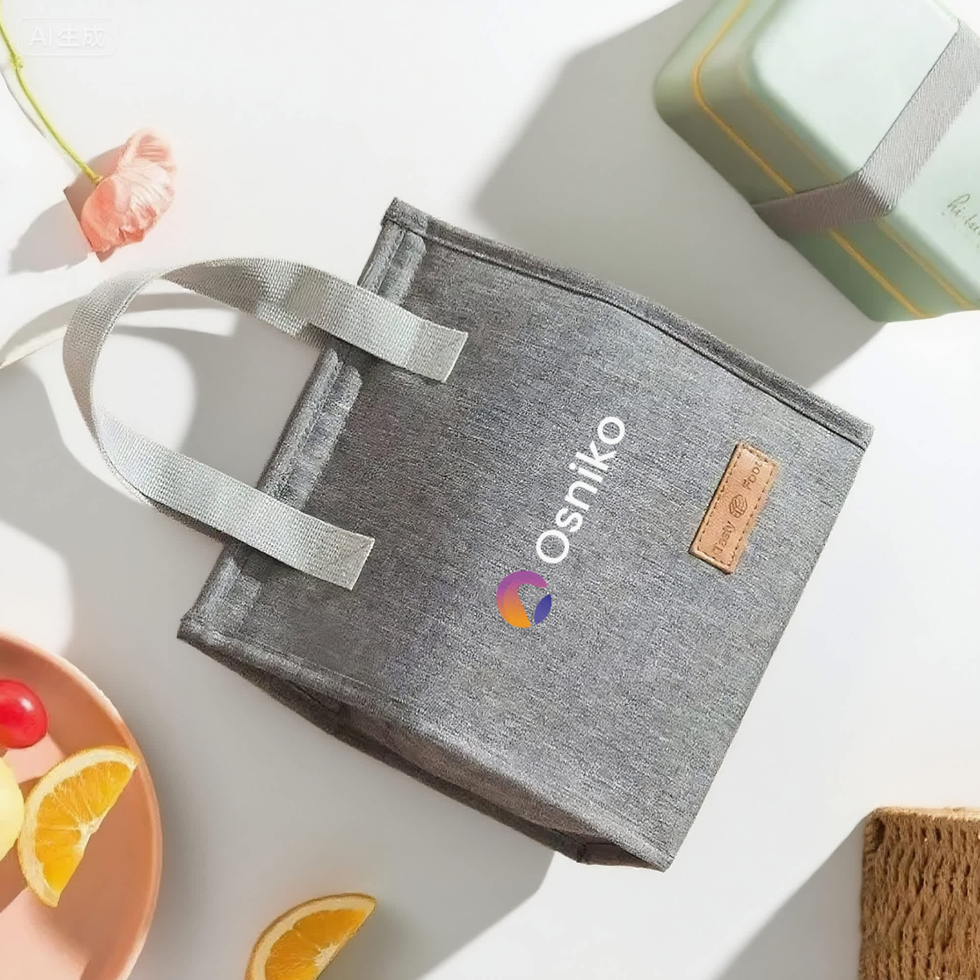 A grey minimalist lunch bag with a logo, featuring sturdy handles and a simple design.
