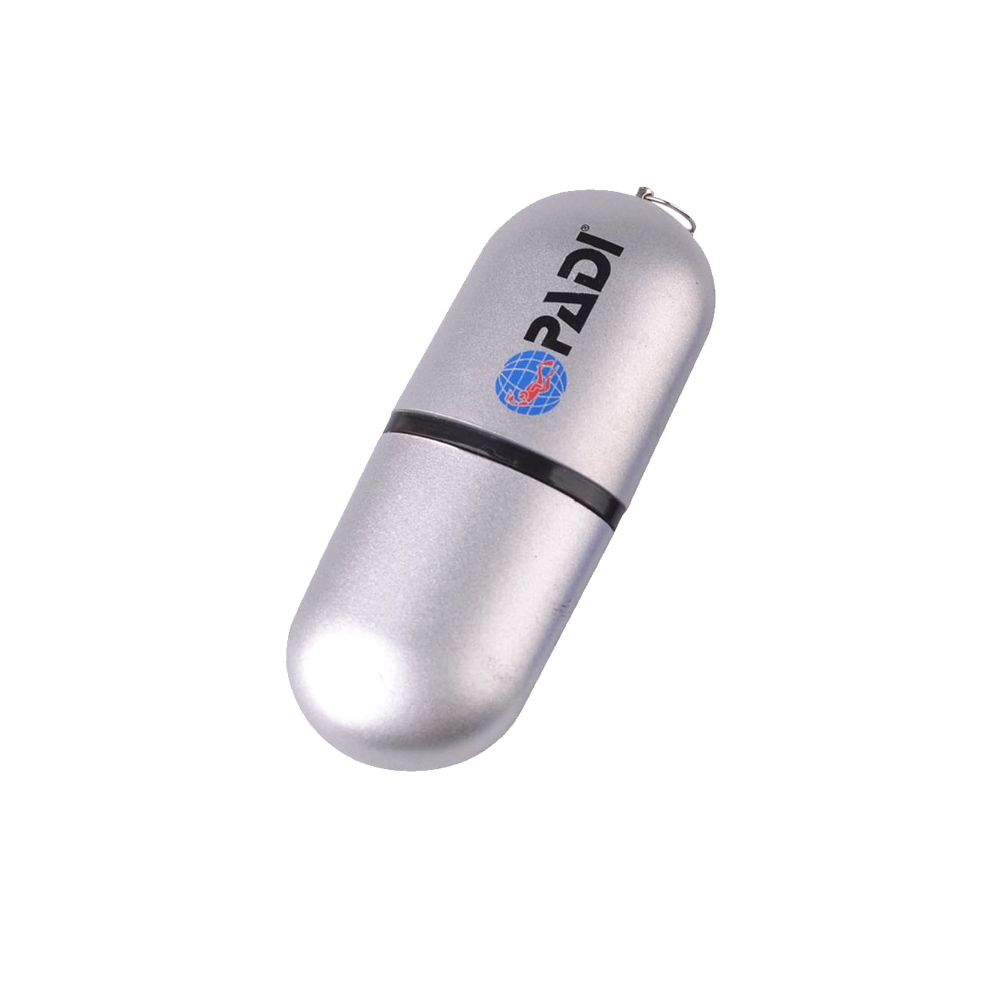 A sleek silver flash drive with a rounded capsule shape and a logo. It features a keychain attachment.