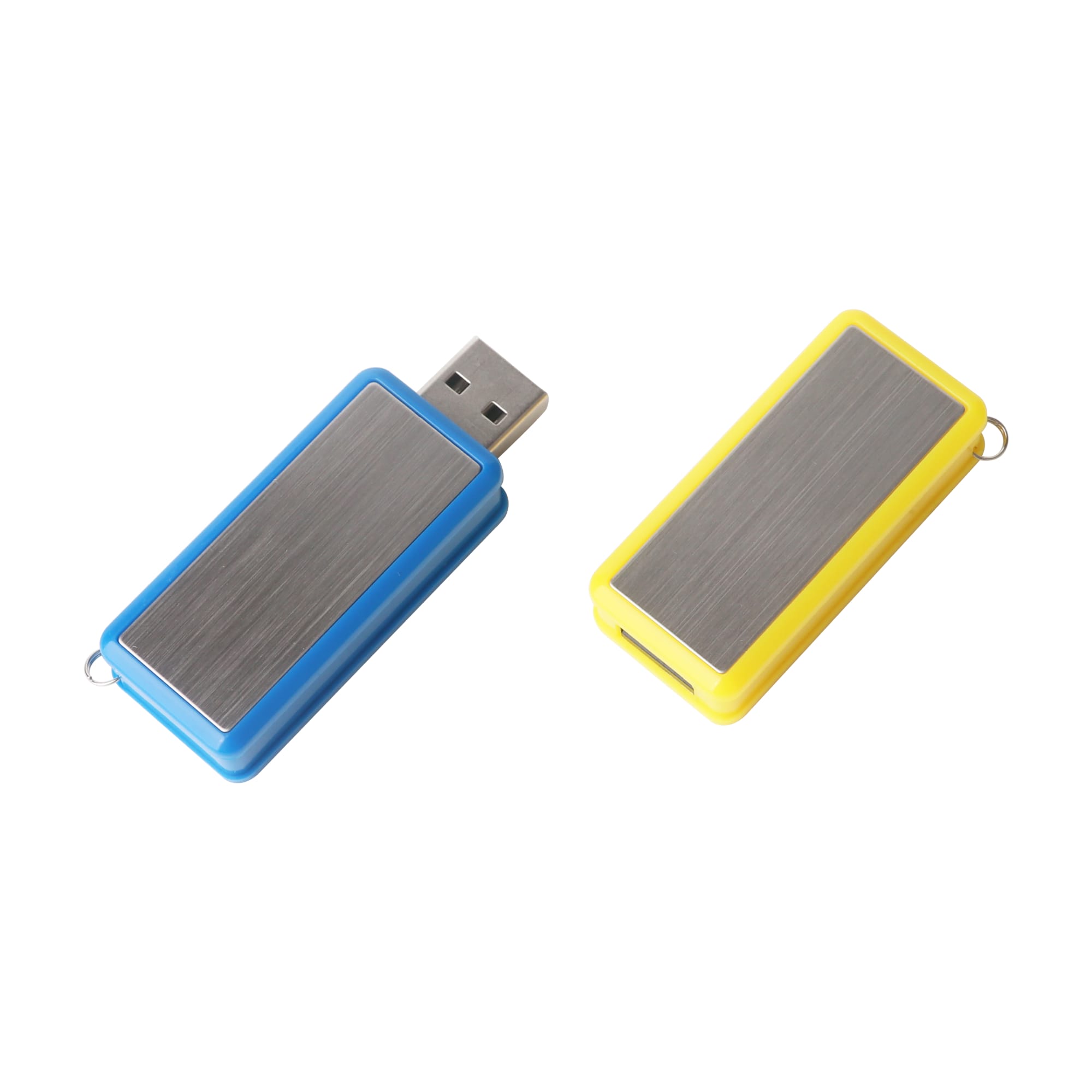 A 360 degree rotating flash drive in blue and yellow with a metallic panel and branding.