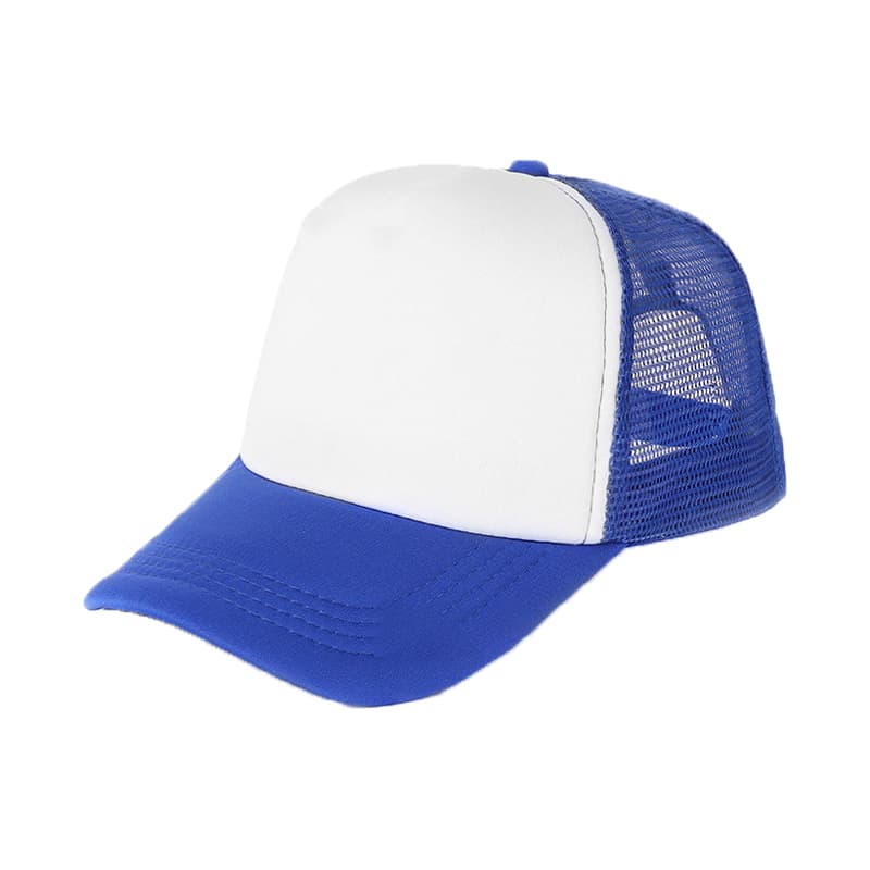 A blue and white trucker cap featuring a solid front panel and mesh back. It has a logo on the front.