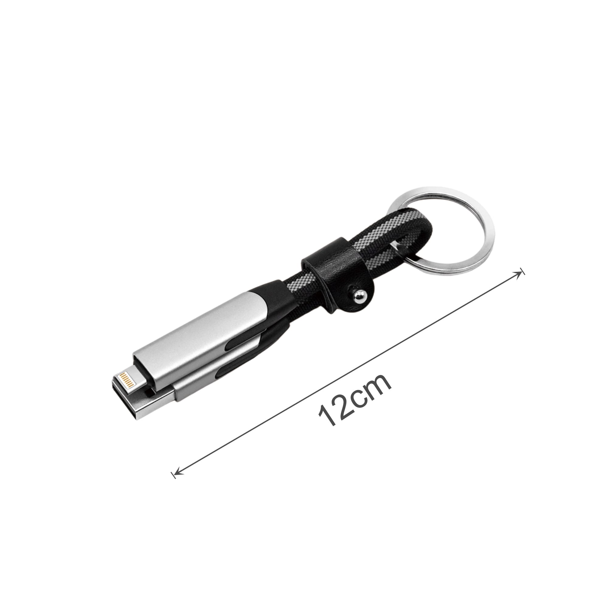 A 60W 6-in-1 braided charging cable in silver and black, featuring a keyring and measuring 12 cm in length.