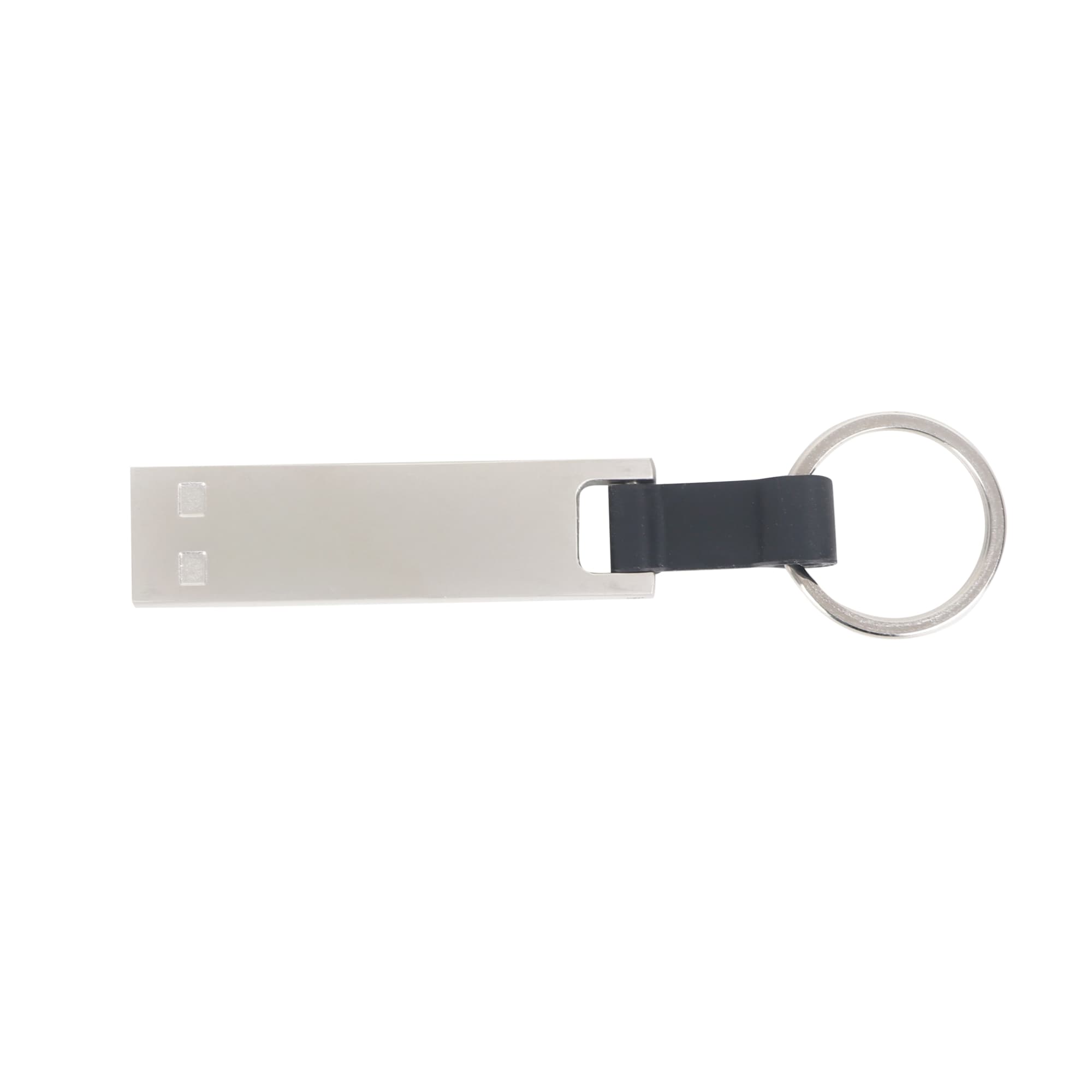 A silver mini flash drive keychain with a dark grey loop and a metal ring for attachment. 