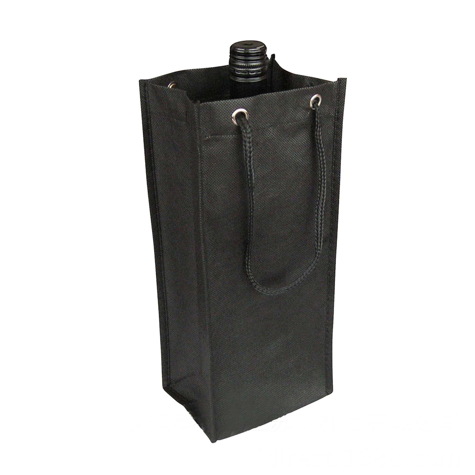 A drink bottle is encased in a black non woven single bottle bag with a rope handle and a rectangular base.