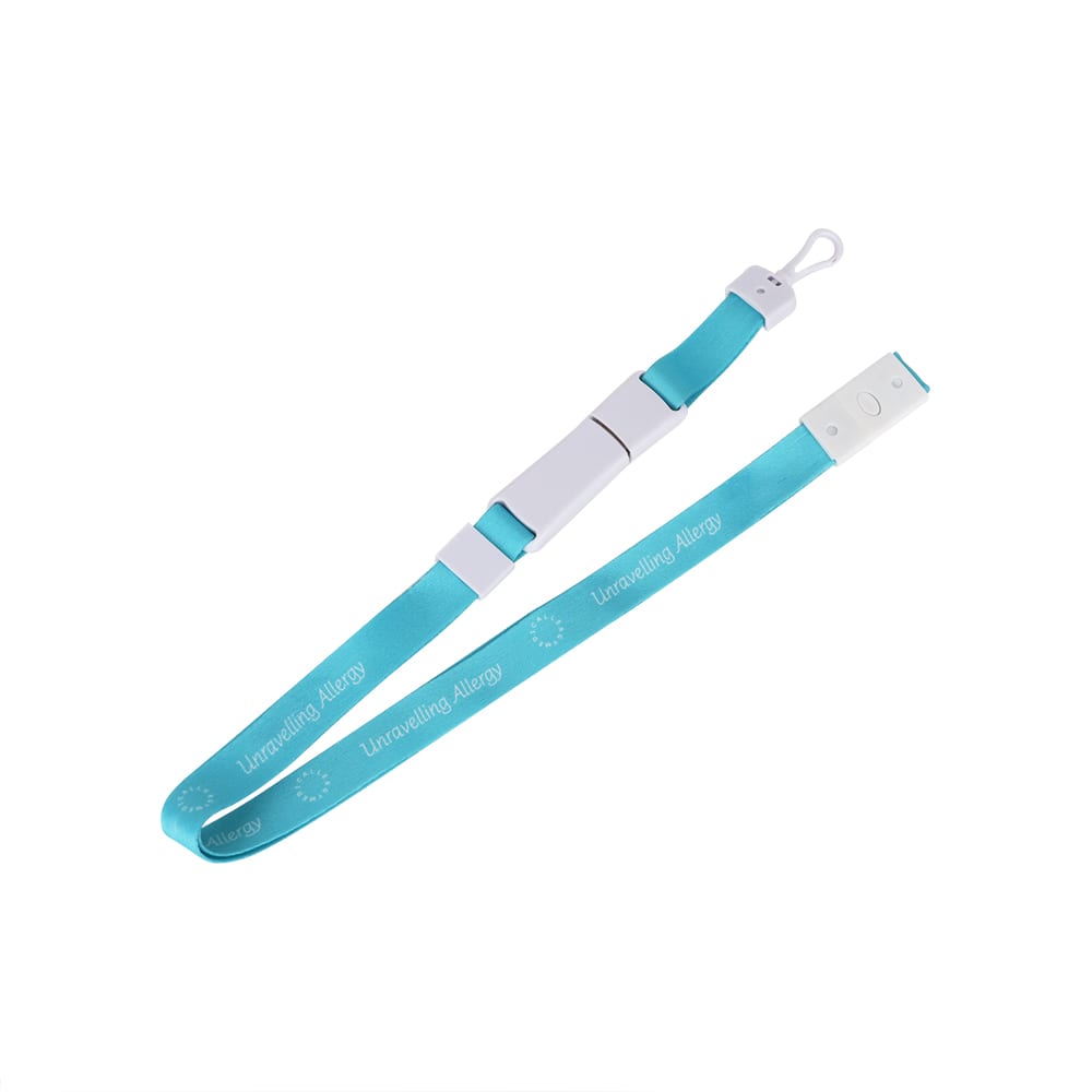 A turquoise lanyard with a magnetic clip and a flash drive attachment. It features a branding logo.