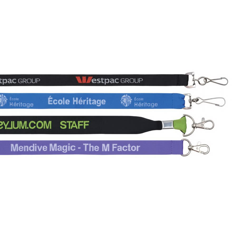 Four woven lanyards in black, blue, green, and purple, each with clips and featuring various logos.