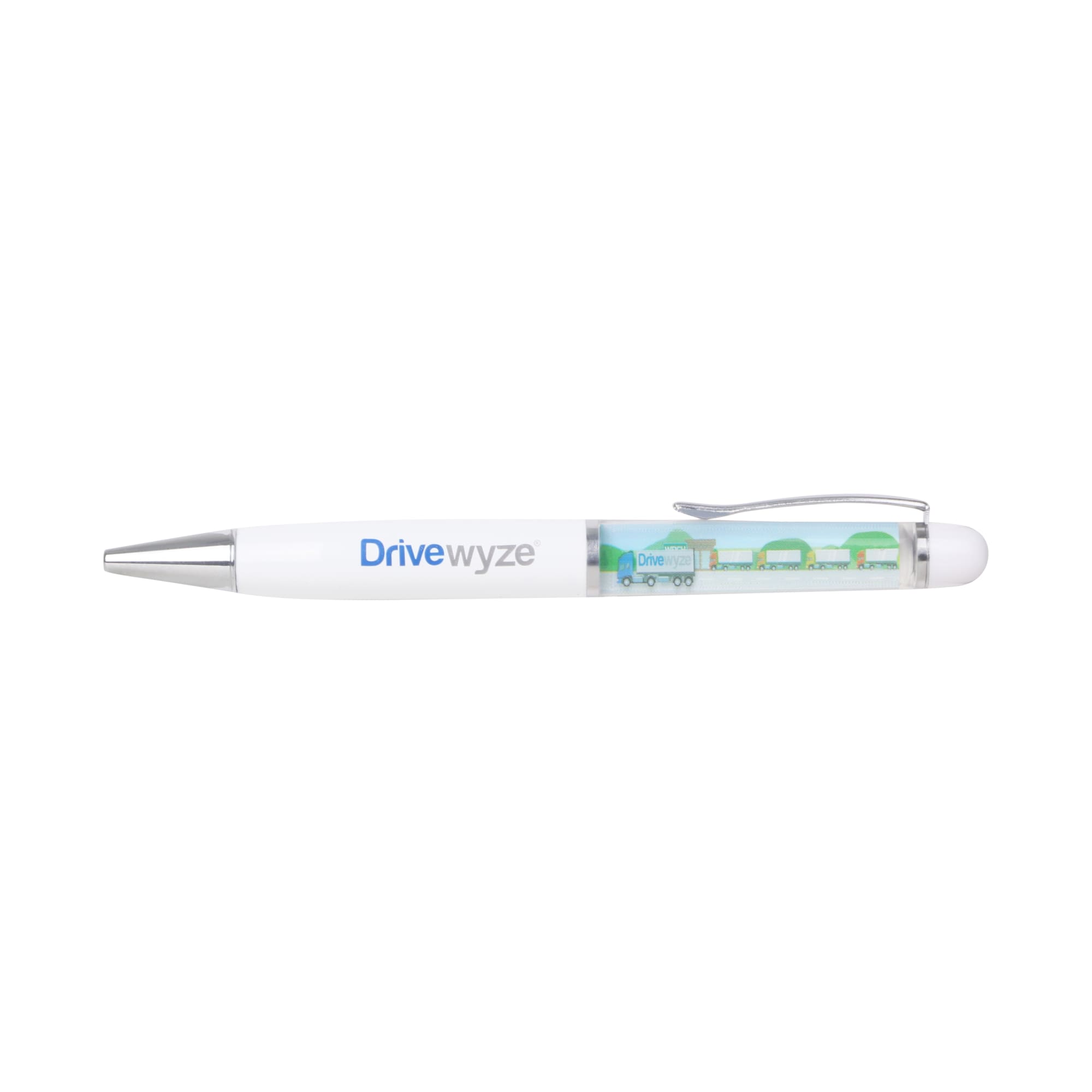 A plastic pen in white featuring a transparent section with colourful floating elements. The pen also has a logo.