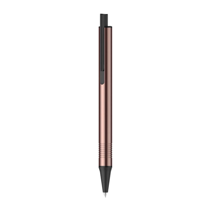 A rose gold pen with a sleek design and black tip. The pen features a clip and a textured grip.