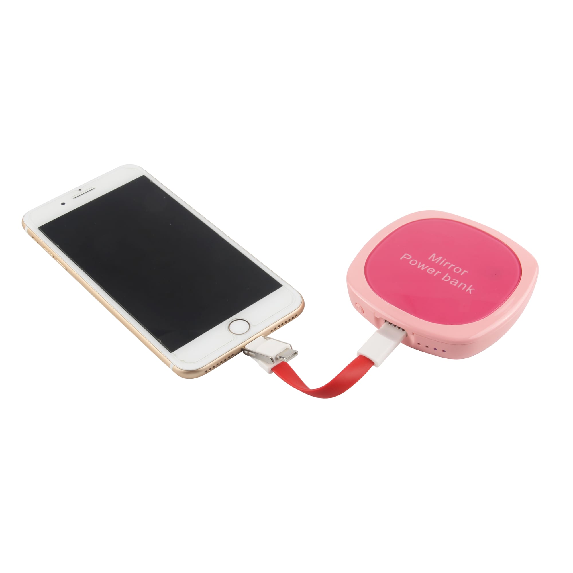 A pink power bank connected to a smartphone via a red charging cable. The power bank has a logo on it.