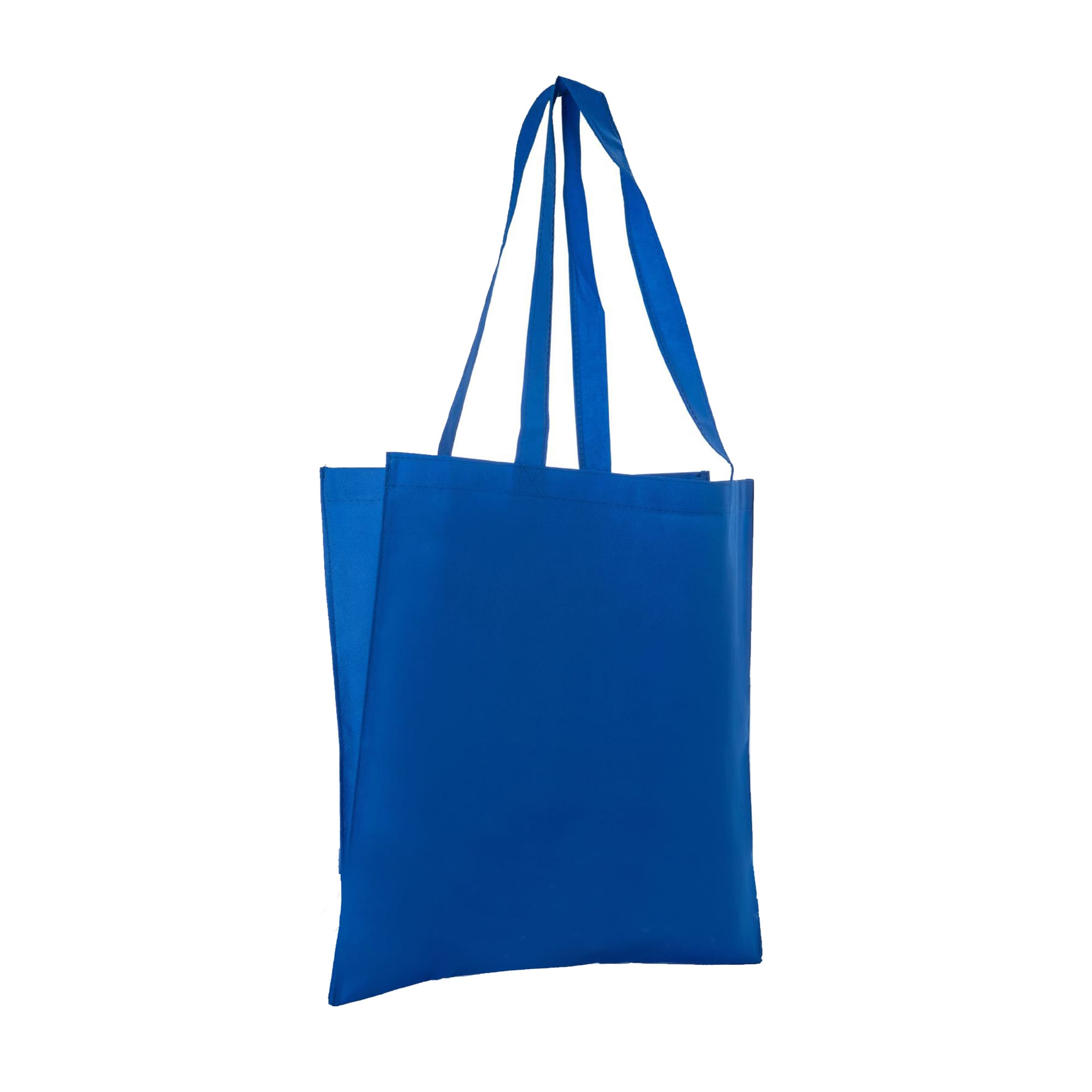A blue non-woven long handle bag with a gusset, featuring two handles for carrying.