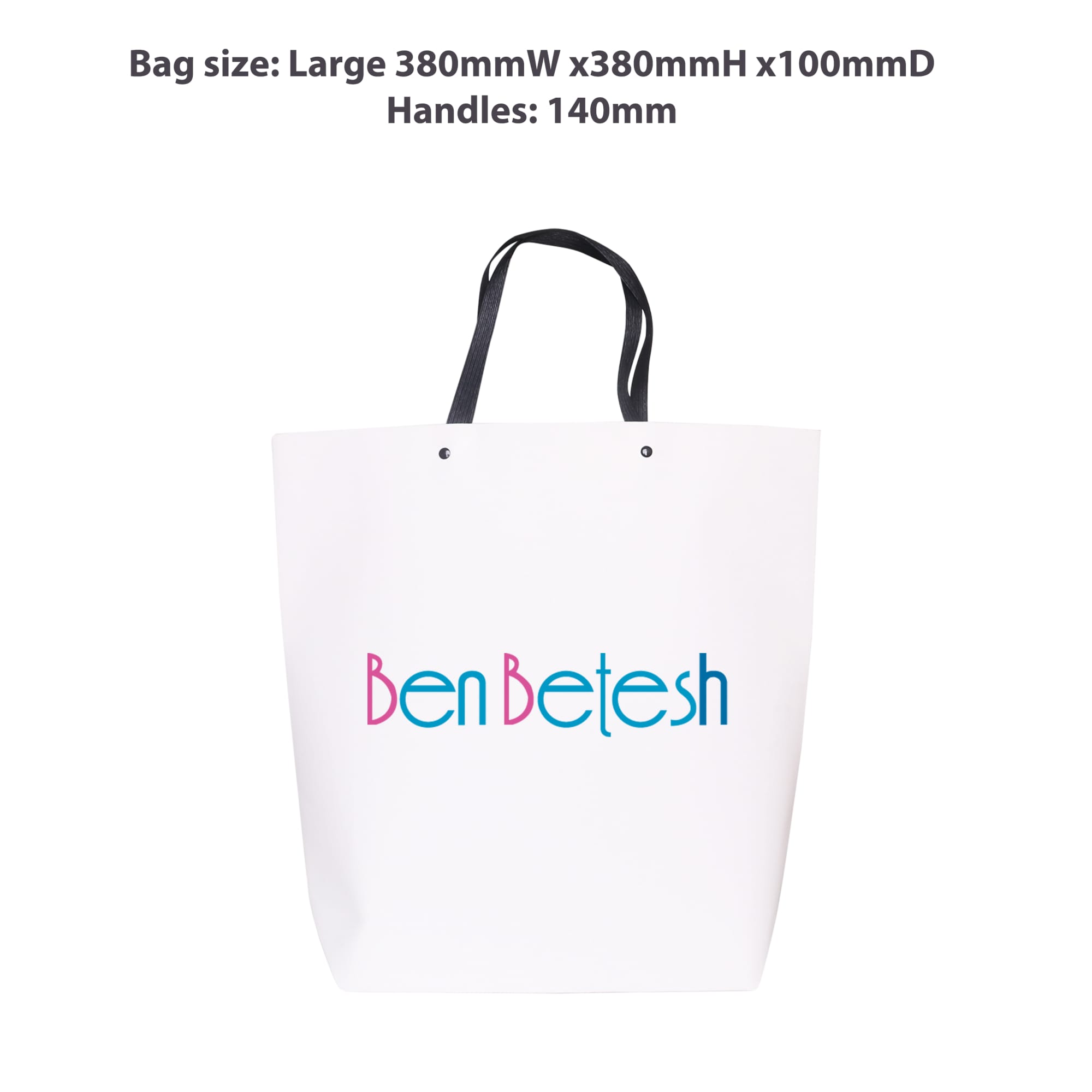 A large white boutique paper bag with black handles and a logo printed in blue and pink.